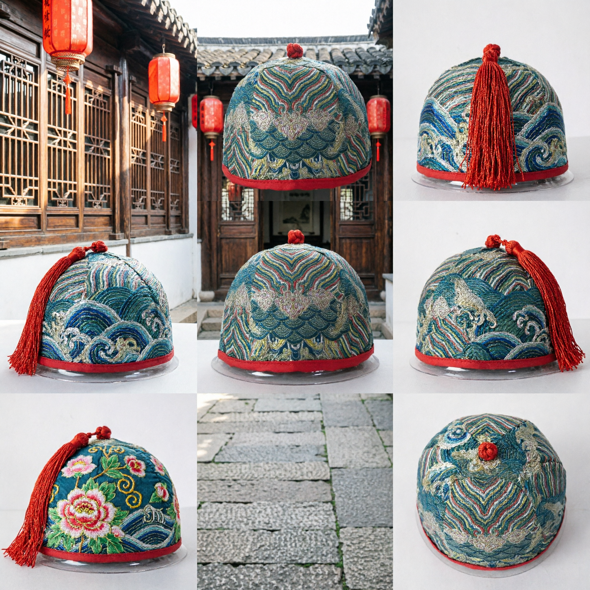 الطاقية الصينية التقليدية من الديباج الأخضر، قبعة الماندارين القديمة بتطريز معقد للرجال للزي التاريخي - Asian Costume