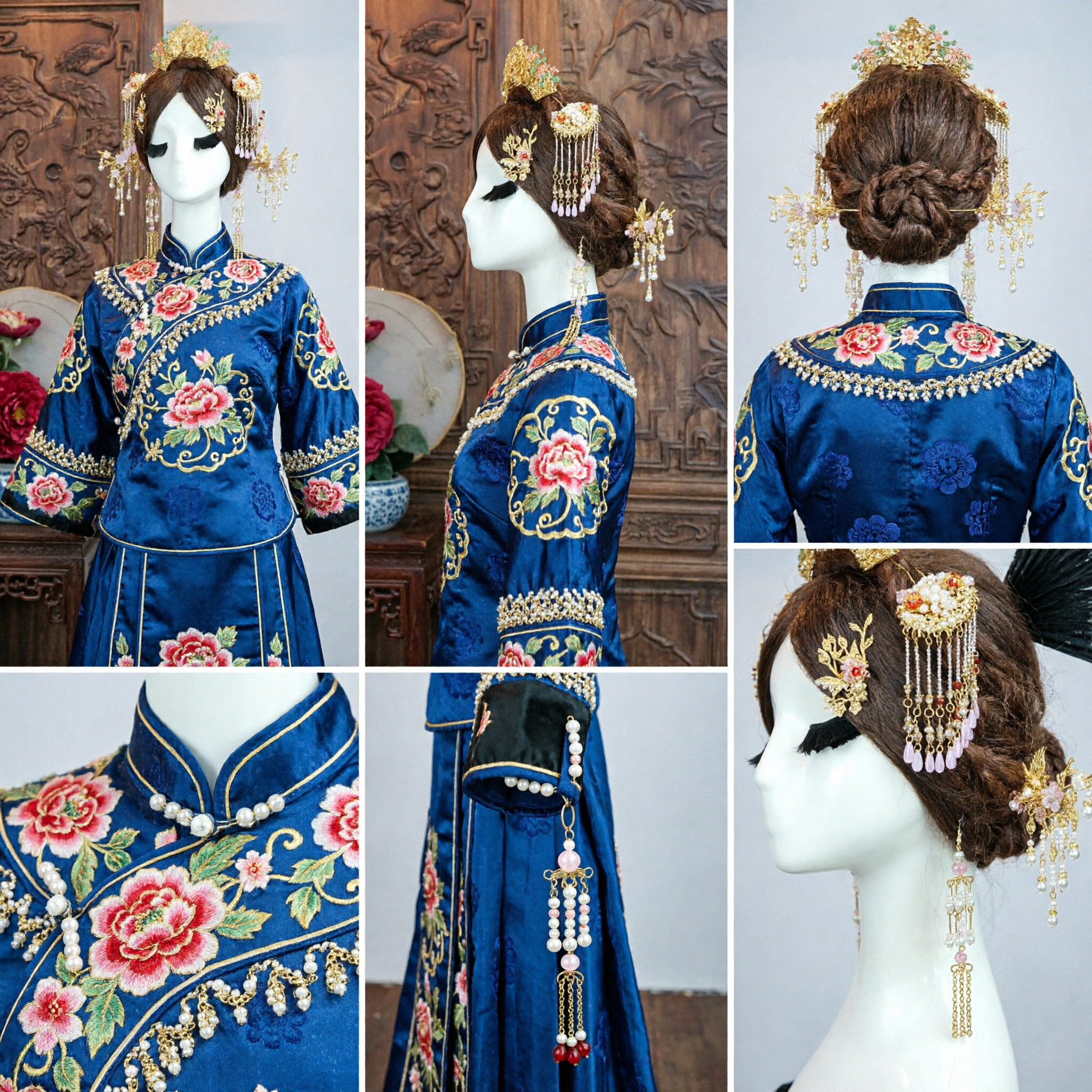 Conjunto de Acessórios de Cabelo Hanfu Antigo Chinês, Coroa de Flor Dourada Tradicional do Palácio, Jóia de Cabeça para Noivas em Casamentos com Borlas de Pérolas Pendentes - Asian Costume