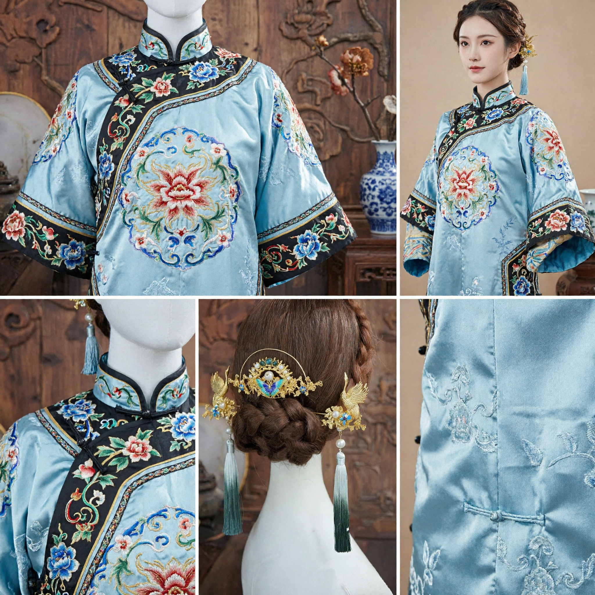 精巧な中国風漢服ヘアアクセサリー 金の蝶と鶴の簪に真珠の房飾り付き 婚礼用 - Asian Costume