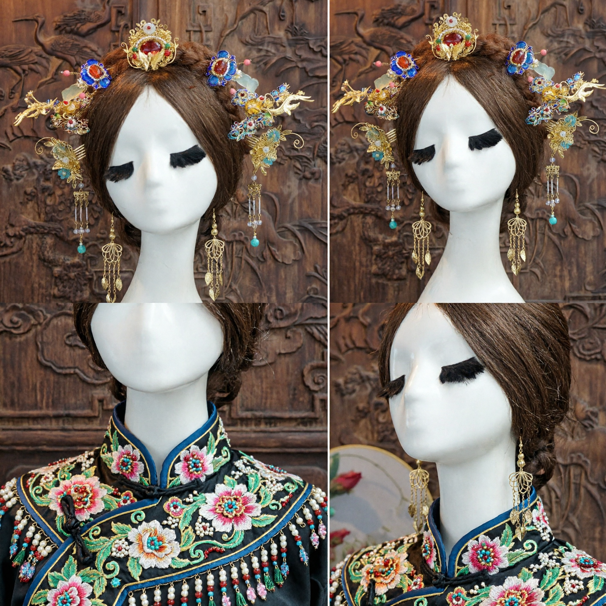 Conjunto de Accesorios para el Cabello Hanfu Chino Tradicional Tocado Estilo Palacio Antiguo Dorado con Esmalte para Mujeres Boda y Cosplay - Asian Costume