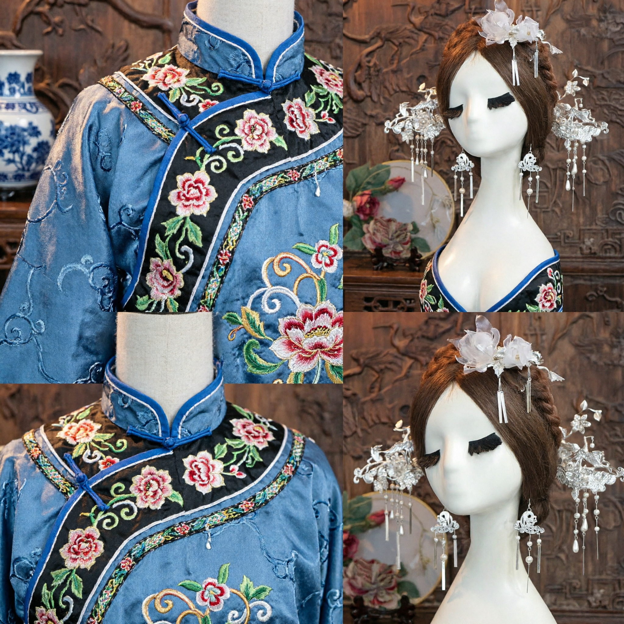 Conjunto de Acessórios de Cabelo Hanfu Chinês Tradicional, Toucado Floral Prateado com Borlas para Mulheres, Casamento Nupcial - Asian Costume