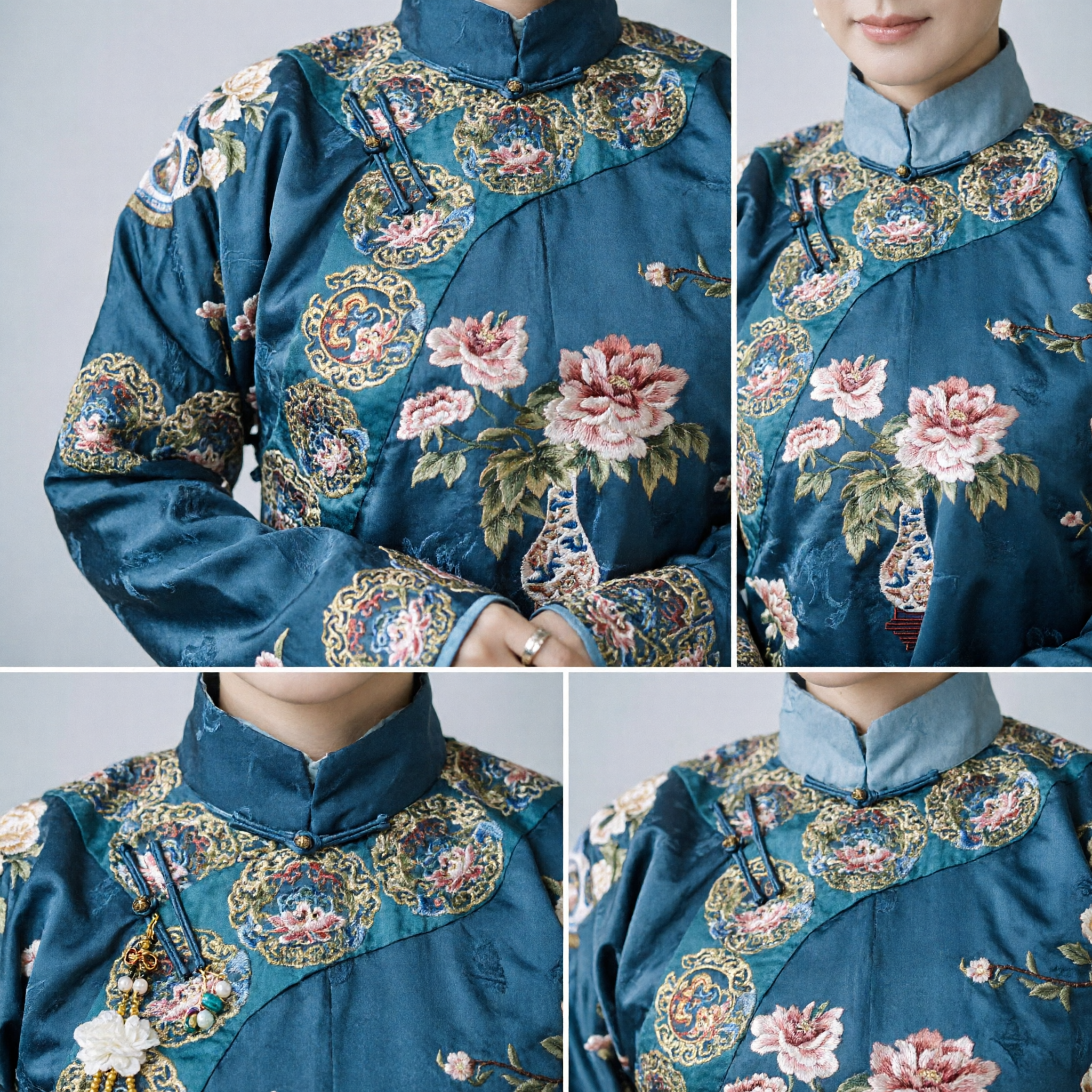 Túnica de Mujer Noble Imperial de la Dinastía Qing Azul con Bordado Floral Traje de Palacio Chino Tradicional para Mujeres - Asian Costume