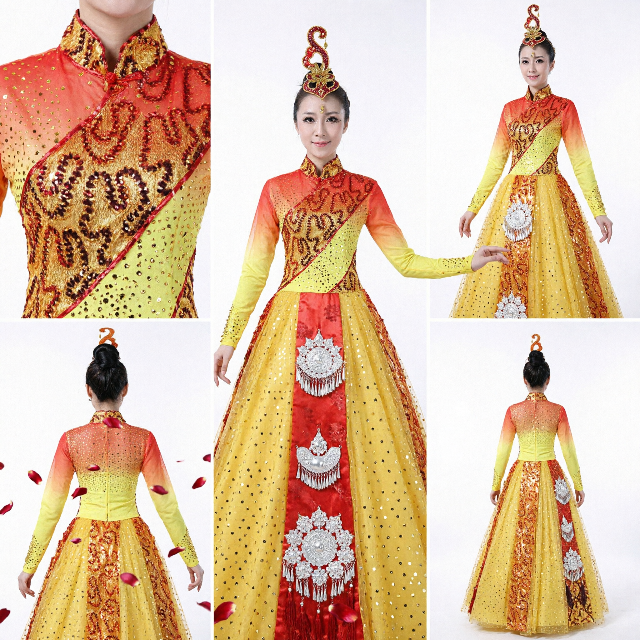 Costume traditionnel chinois pour danse folklorique féminine, robe jaune à paillettes pour spectacle sur scène et danse Yangge - Asian Costume