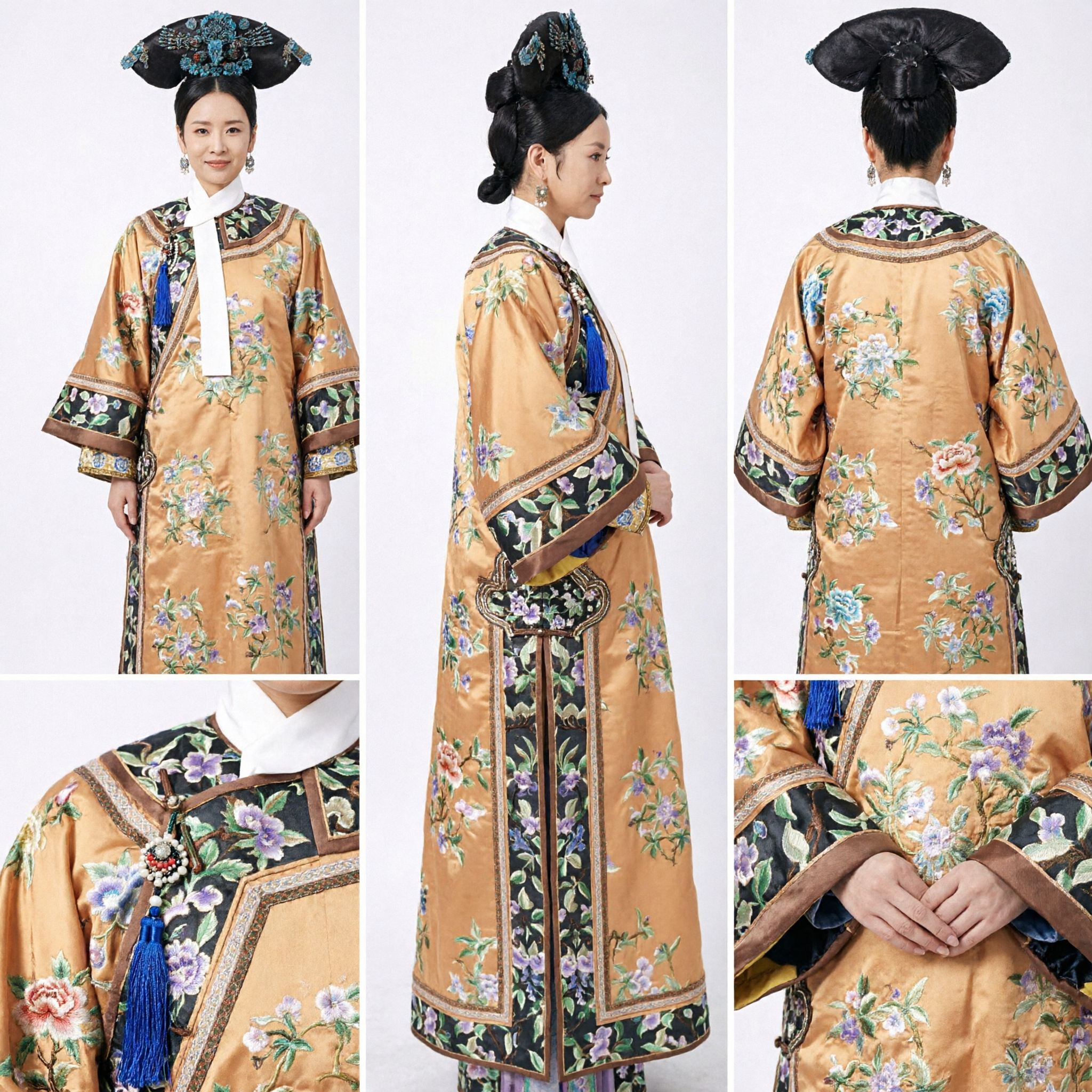 Traje de Emperatriz de la Dinastía Qing China, Túnica Amarilla con Bordado Floral y Tocado para Cosplay de Mujeres - Asian Costume