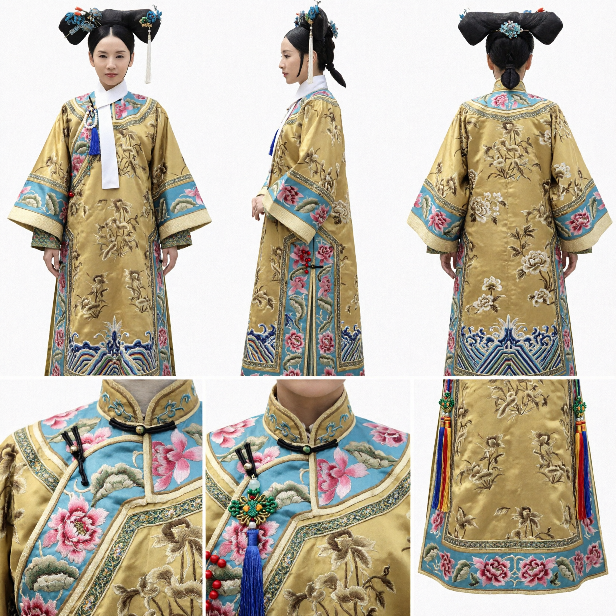 Traje de Emperatriz de la Dinastía Qing China, Conjunto de Túnica Amarilla Bordada con Flores y Tocado para Cosplay de Mujeres - Asian Costume