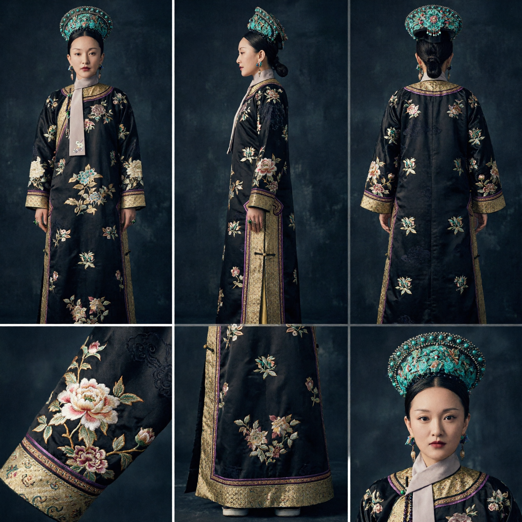 Costume traditionnel chinois d'impératrice de la dynastie Qing, robe noire brodée de fleurs et coiffe pour femmes - Asian Costume