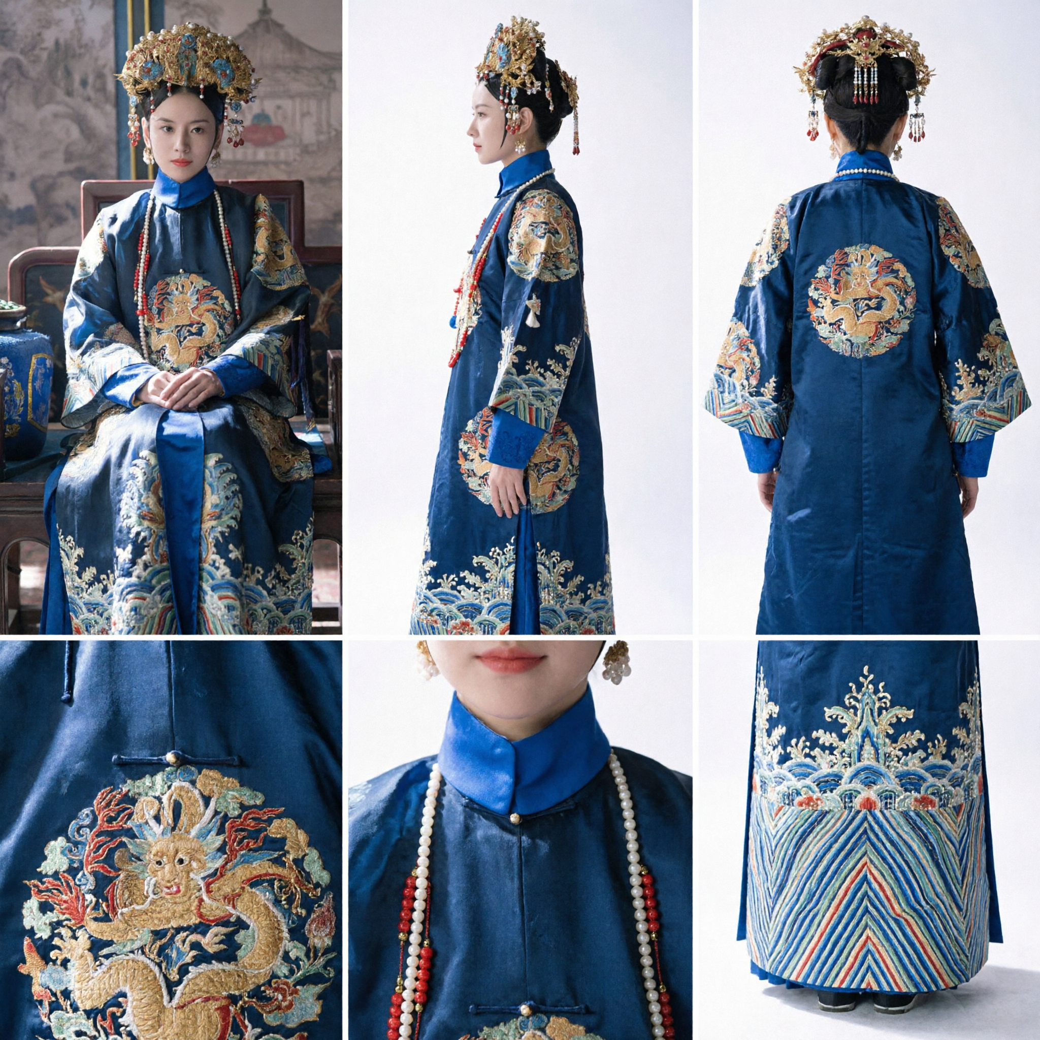 Traje de Emperatriz de la Dinastía Qing China, Conjunto Tradicional Manchú de Túnica de Dragón y Corona Fénix para Mujeres - Asian Costume