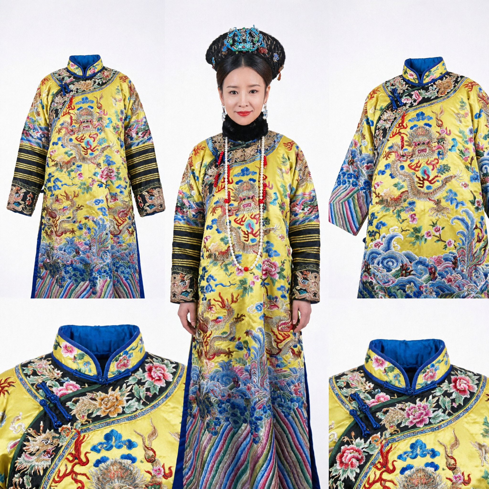 Traditioneel Chinese Qing-dynastie Keizerin Kostuum Geel Draken Gewaad Oude Prinses Jurk voor Vrouwen - Asian Costume
