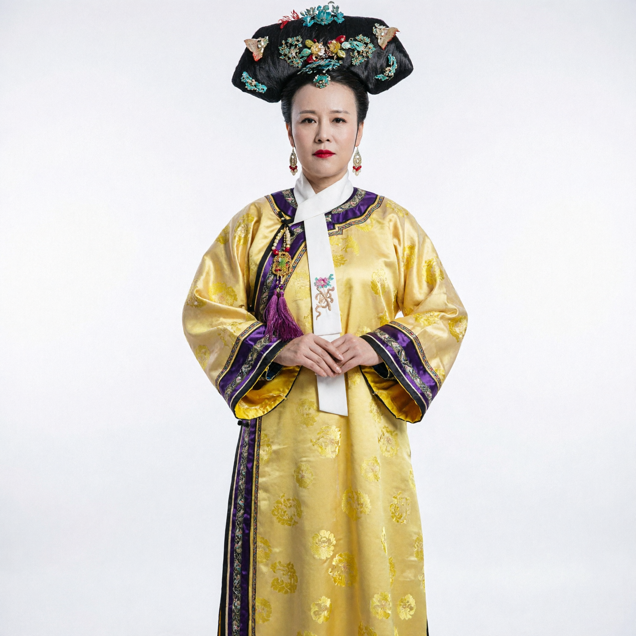 Traditionelles chinesisches Qing-Dynastie Manchu gelber Changpao-Robe, antikes Palastkostüm für Damen, historisches Cosplay - Asian Costume