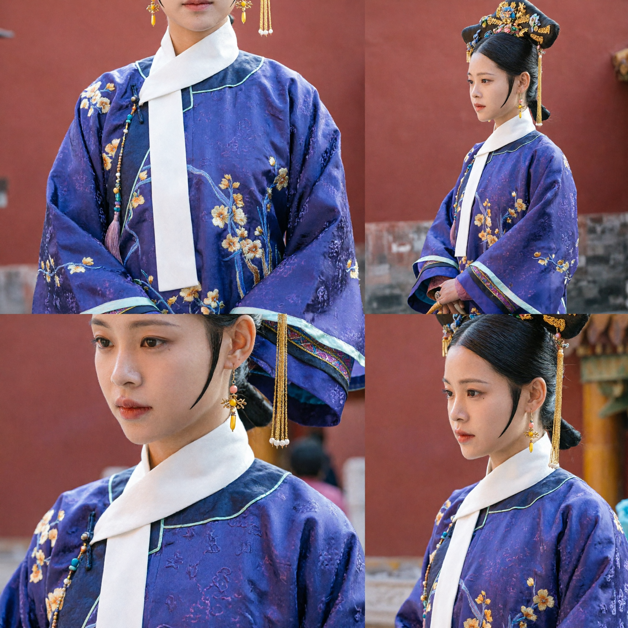 Conjunto de Robe Roxo Bordado com Flores e Adorno de Cabeça da Concubina Imperial da Dinastia Qing para Cosplay Histórico Feminino - Asian Costume