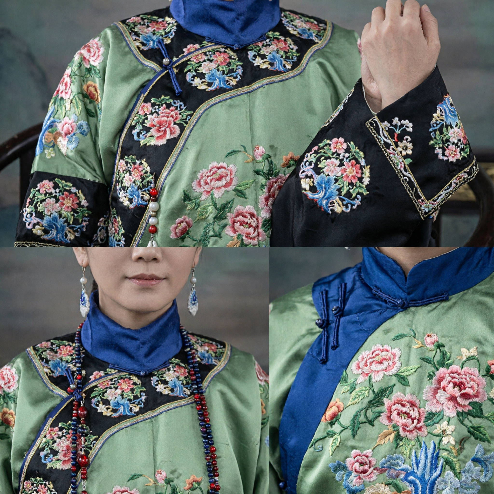 伝統的中国清朝緑刺繍満州族ローブ 宮廷貴婦人衣装 女性用歴史コスプレ - Asian Costume