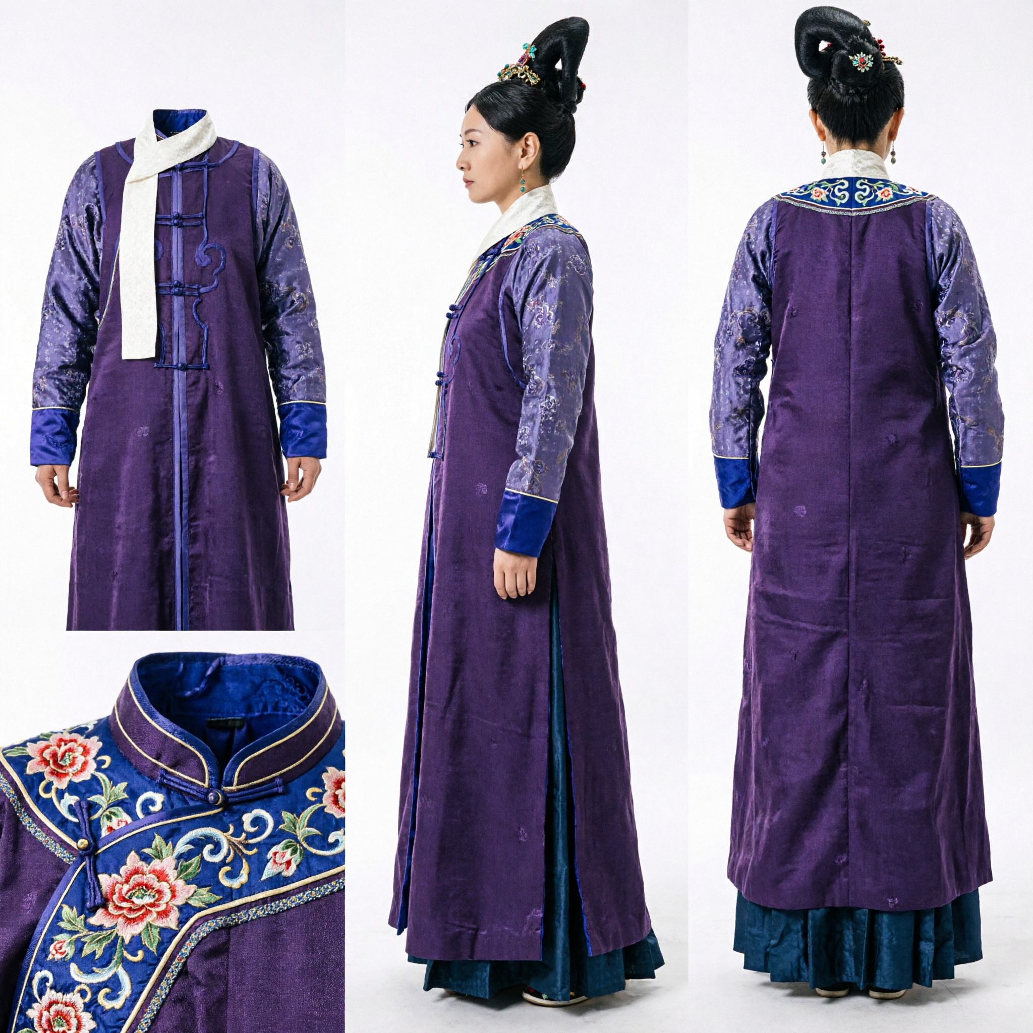 Traje de Dama de Palacio de la Dinastía Qing China, Vestido Antiguo Manchú de Túnica Púrpura de Brocado para Mujeres - Asian Costume