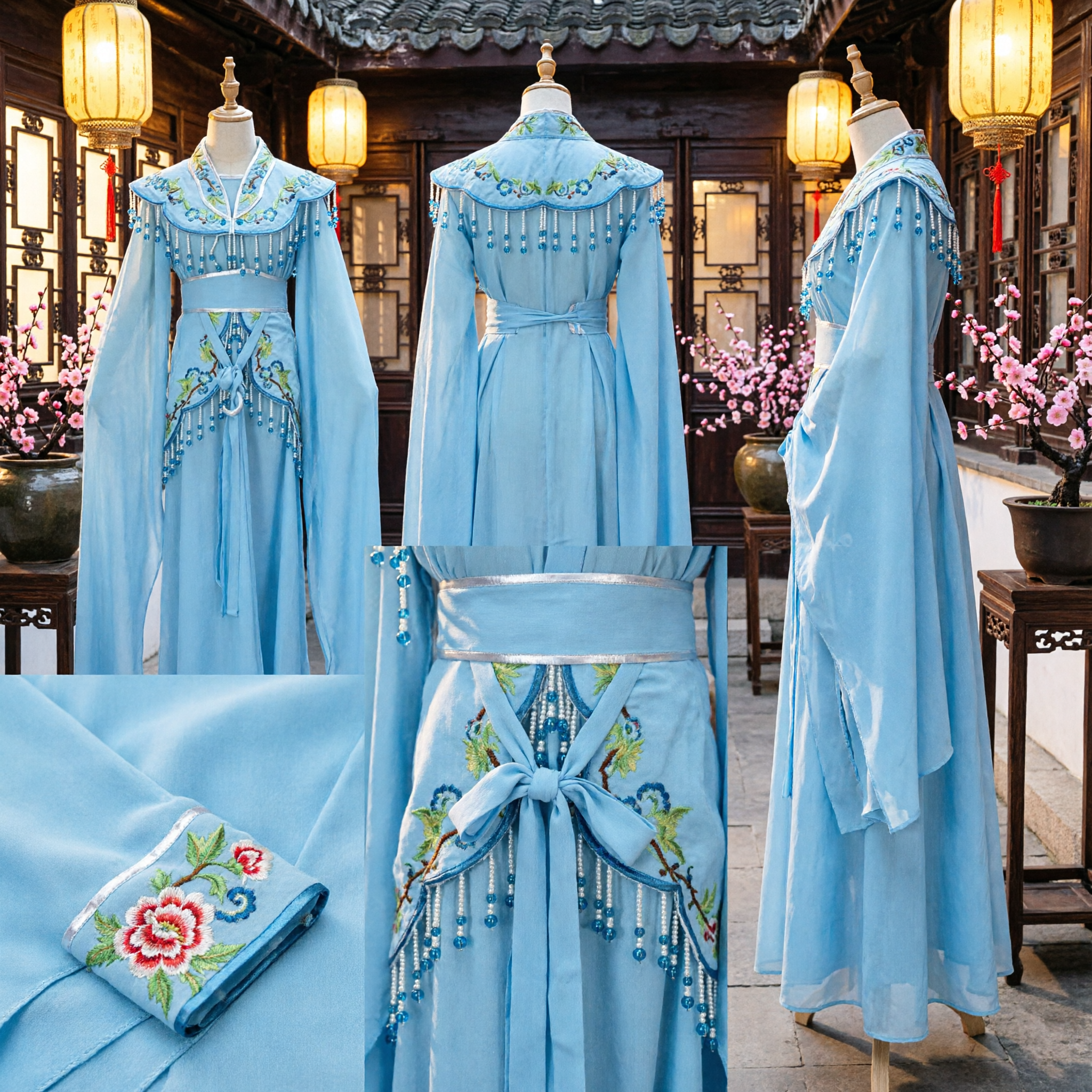 Traditionelles chinesisches blaues Peking-Opern-Kostüm, besticktes antikes Kleid mit Umhang für Damen-Bühnenauftritte - Asian Costume