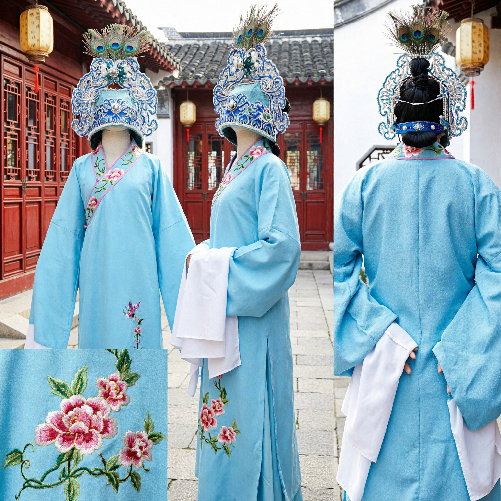 Traditioneel Chinese Peking Opera Blauw Geleerde Kostuum Geborduurde Gewaad en Hoofdtooi Set voor Mannen Podiumoptredens - Asian Costume