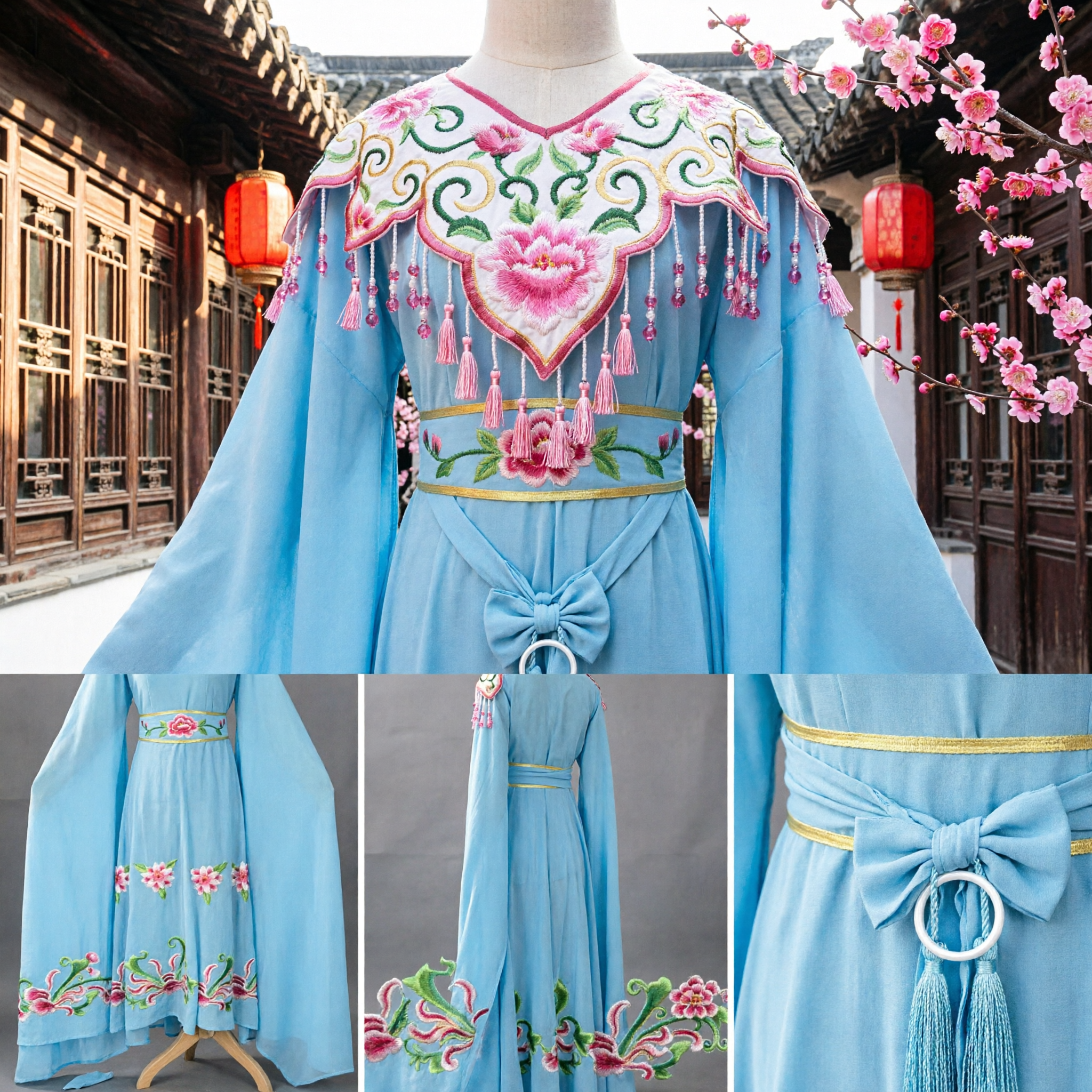 전통 중국 경극 의상 자수 푸른색 여성 장군 로브 여성용 무대 공연 - Asian Costume