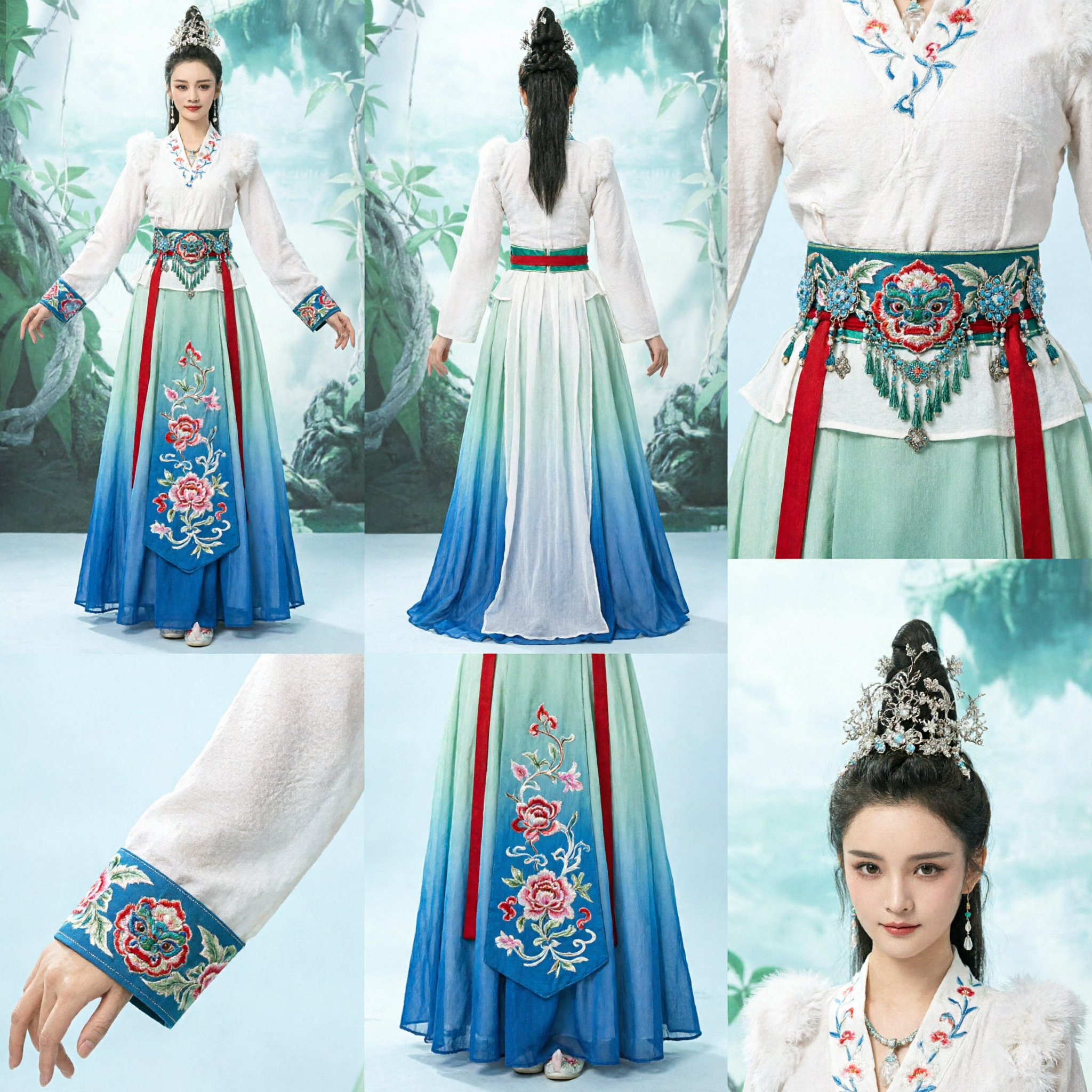 Costume de fée de la Chine ancienne pour femmes - Robe Hanfu dégradé bleu et blanc - Pour performances scéniques et cosplay - Asian Costume