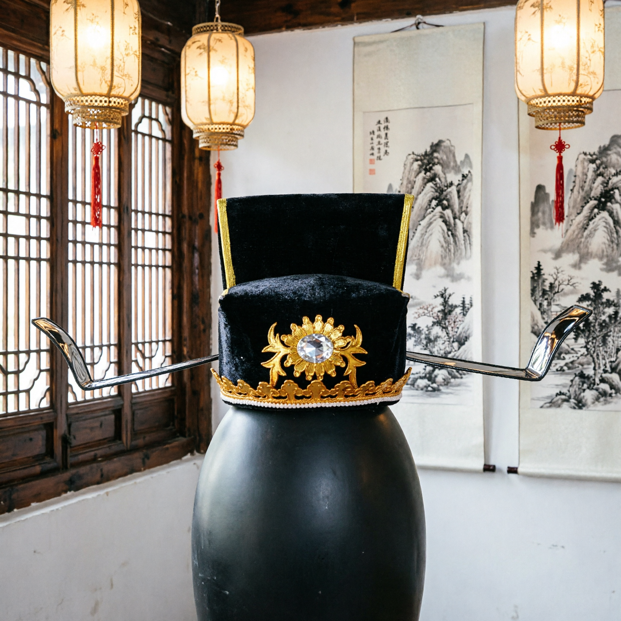 طاقية سوداء تقليدية من عصر مينغ الصيني القديم مع أجنحة ذهبية لتقمص الهانفو - Asian Costume