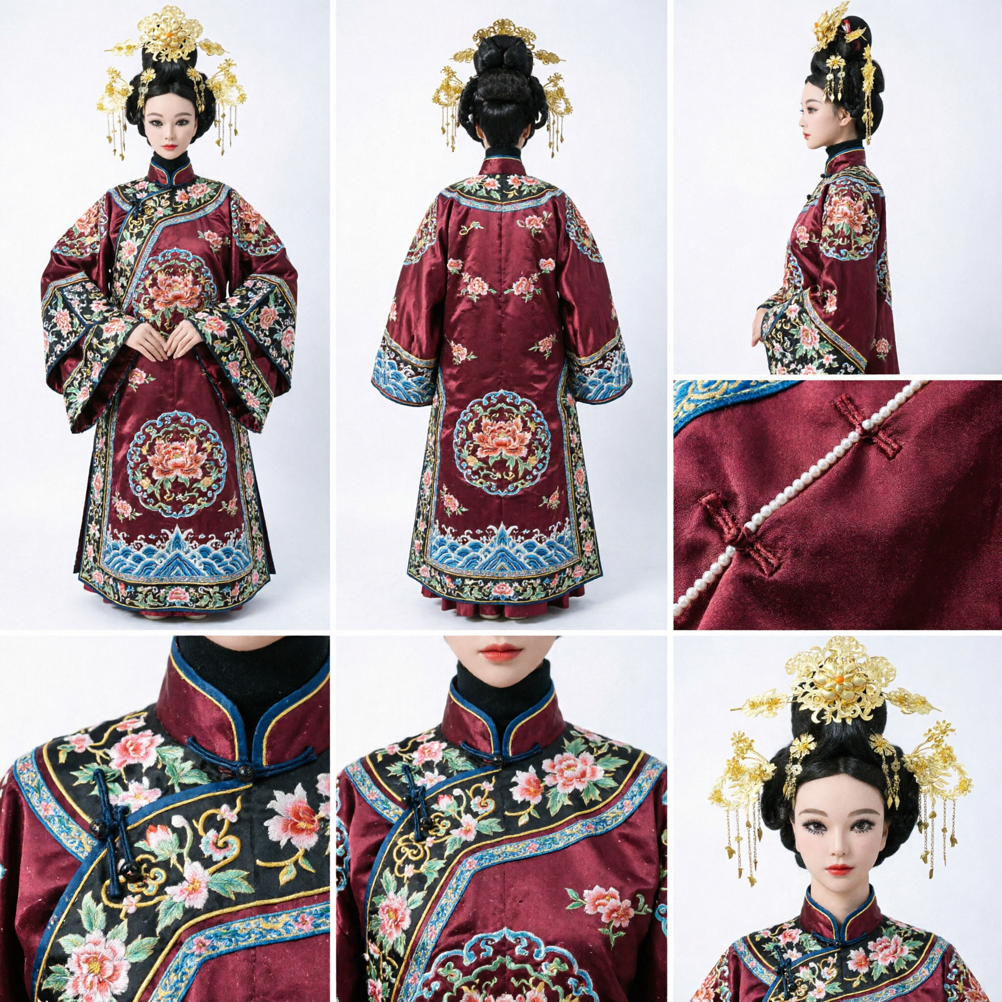 Conjunto de Acessórios de Cabelo Dourados Tradicionais Chineses, Peça de Cabeça Floral da Antiga Dinastia Tang para Noiva Hanfu - Asian Costume