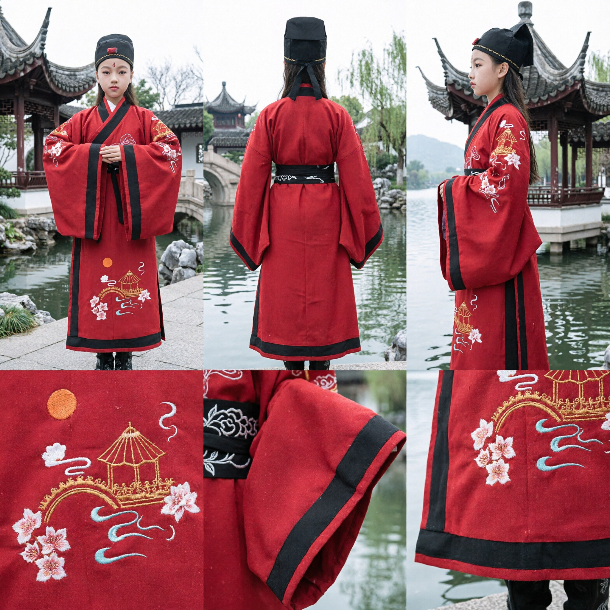 전통 중국 고대 선비 관원 한푸 의상 빨간색 자수 로브 (어린이 소녀 공연용) - Asian Costume