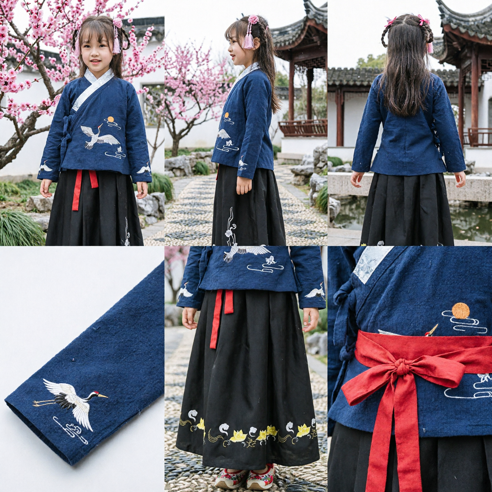 Hanfu tradicional chino para niña, conjunto de traje antiguo con top azul bordado de grulla y falda negra - Asian Costume