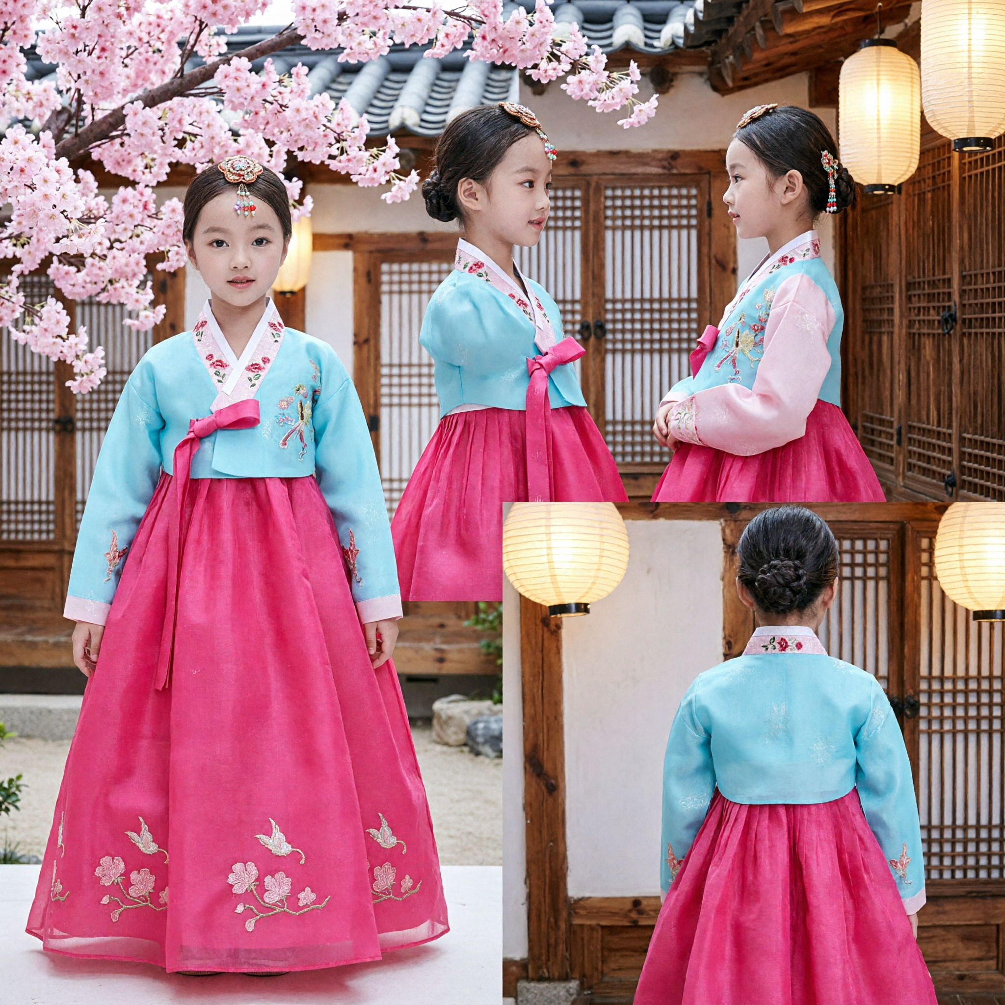 Vestito Hanbok Coreano Tradizionale per Bambine, Costume Top Blu Ricamato e Gonna Rosa per Feste - Asian Costume