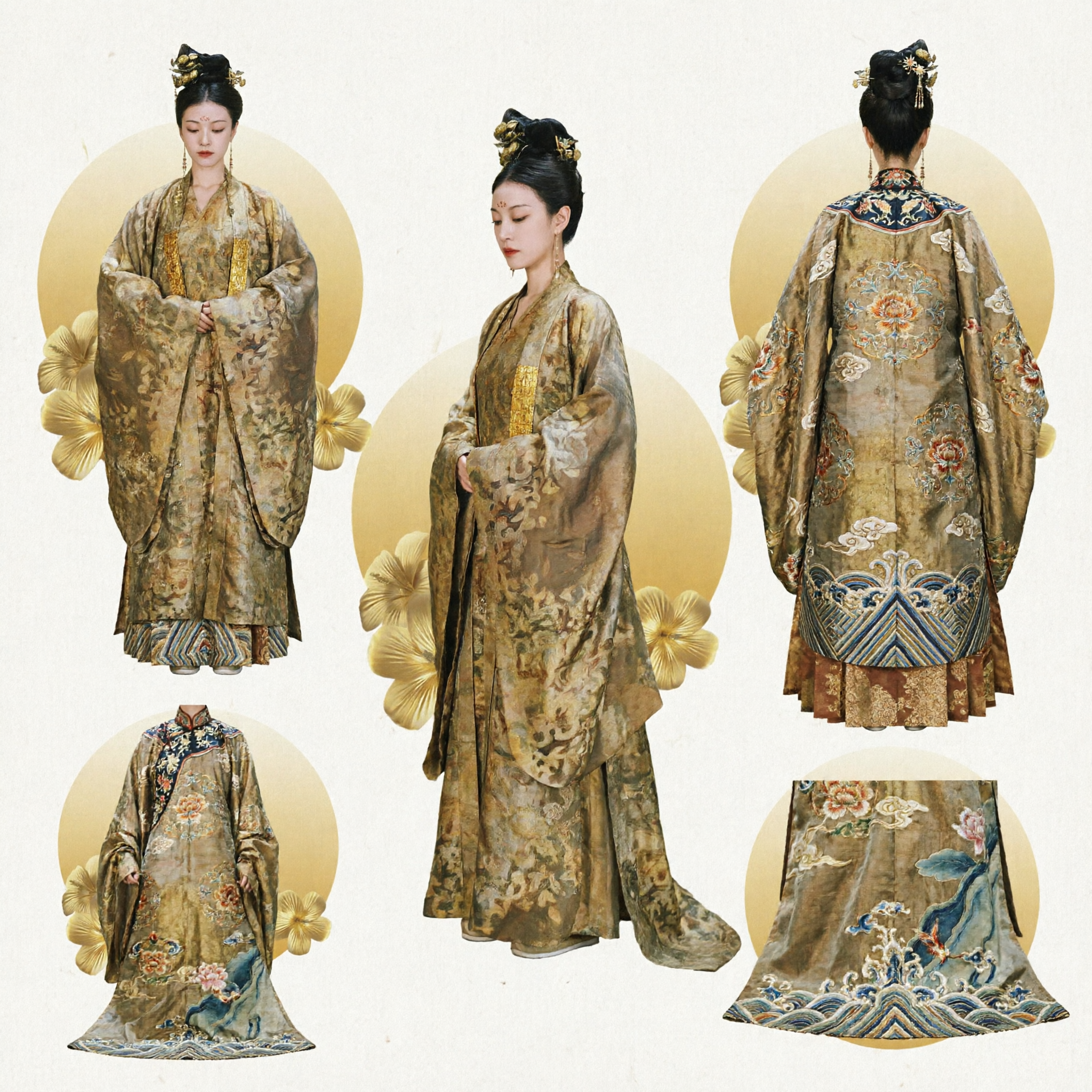 Ancient Chinese Tang Dynasty Palace Lady Hanfu Costume Traditional Gold Floral Brocade Robe for Women - Asian Costume