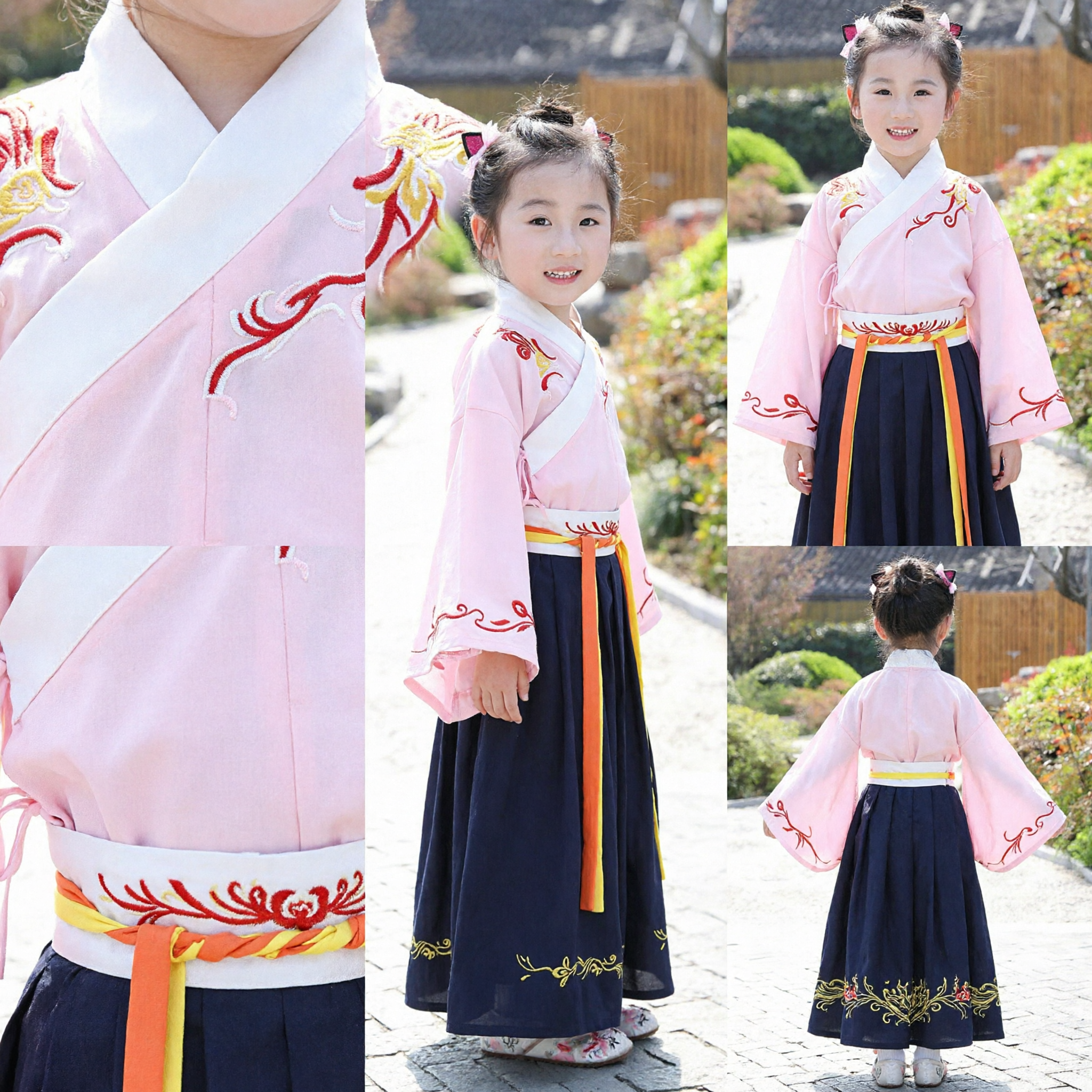 Mädchen traditionelles chinesisches Hanfu-Kostüm rosa bestickte Bluse und blauer Rock antike Kleidung für Kinder Feste - Asian Costume