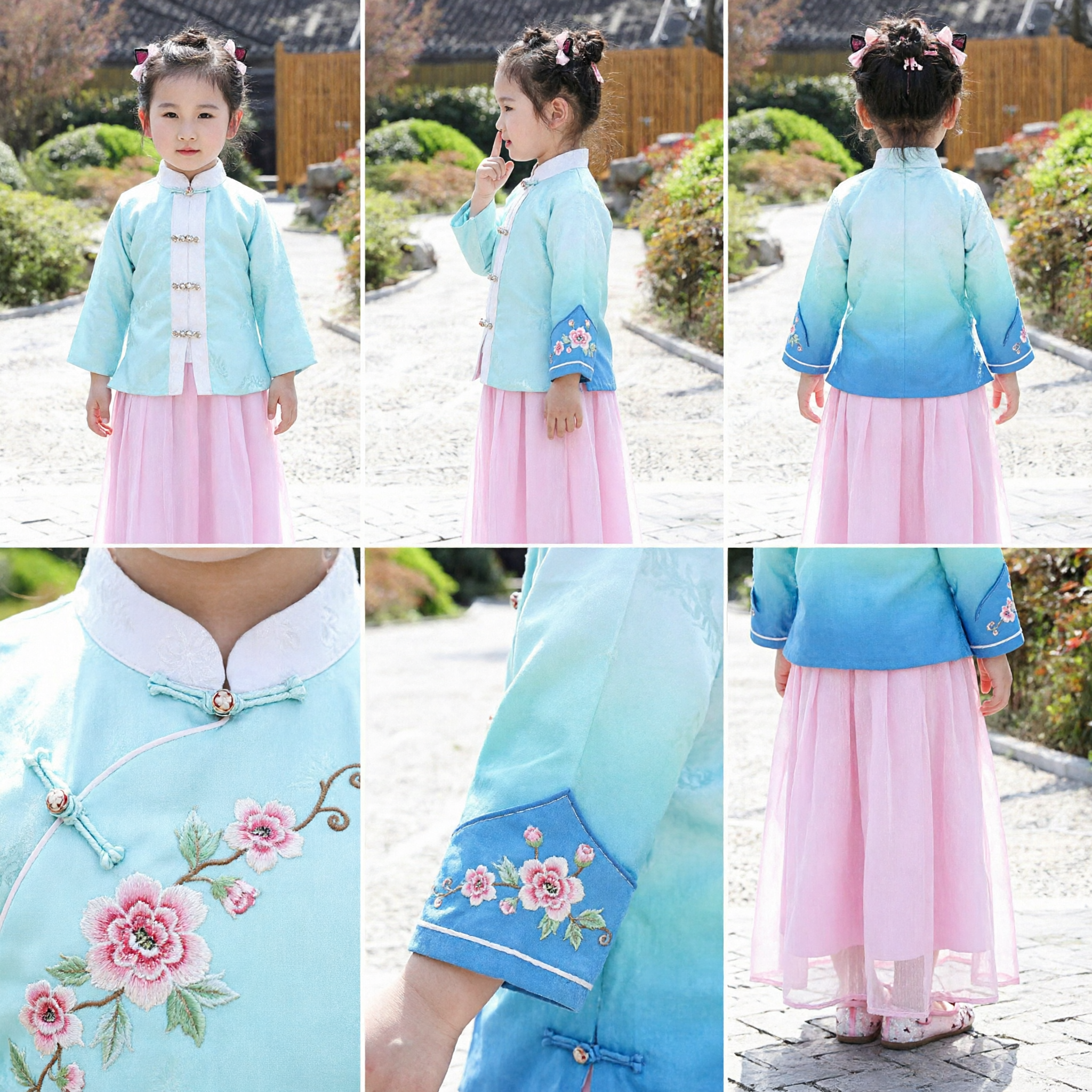 Costume traditionnel chinois Hanfu pour enfants filles, veste ancienne bleue et jupe rose pour le Festival du Printemps - Asian Costume
