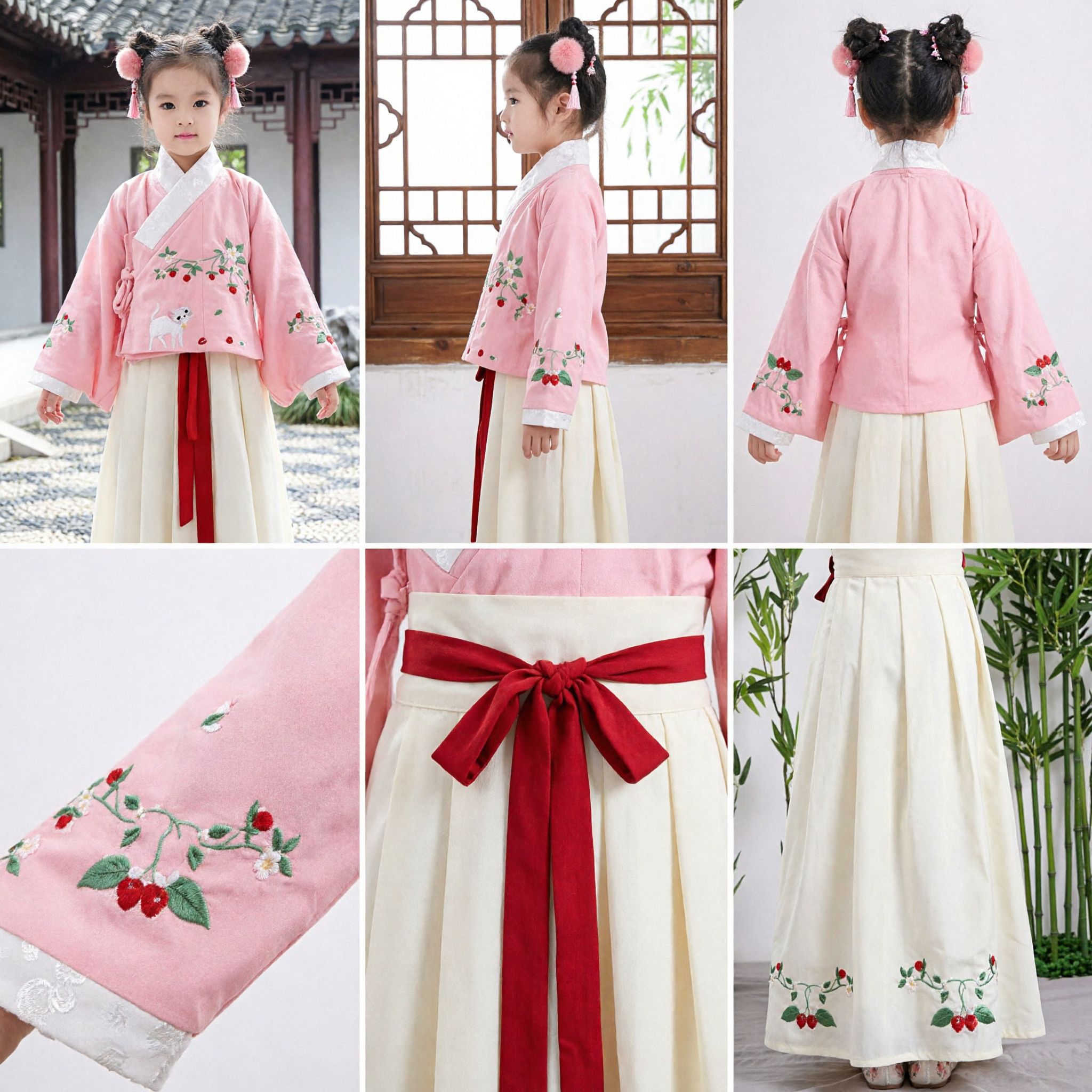Traje Tradicional Chinês Hanfu para Crianças Vestido Antigo Rosa Bordado com Cerejeira para Meninas Apresentação de Festival - Asian Costume