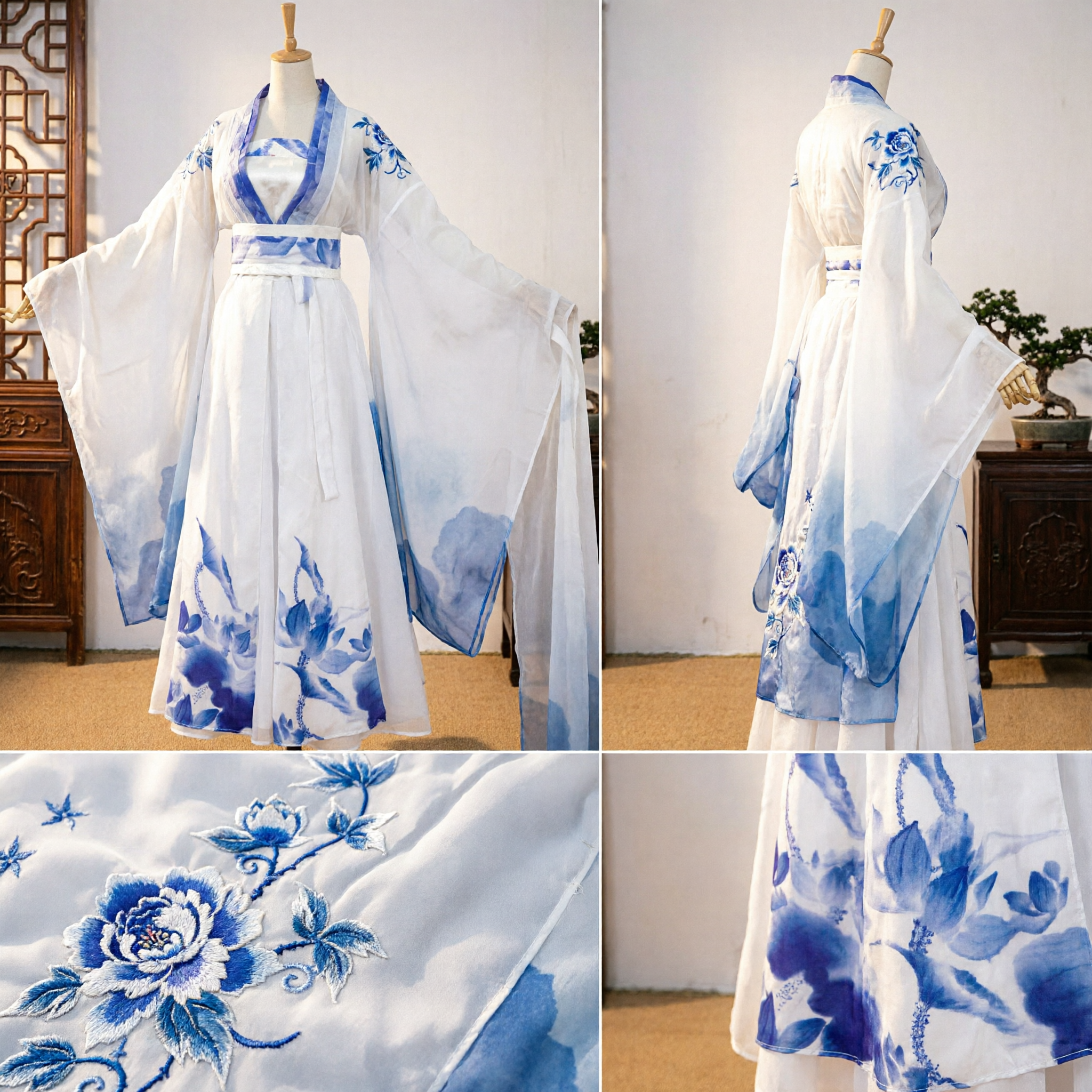 Costume ancien traditionnel chinois Hanfu élégant blanc et bleu floral, robe de fée pour cosplay féminin - Asian Costume