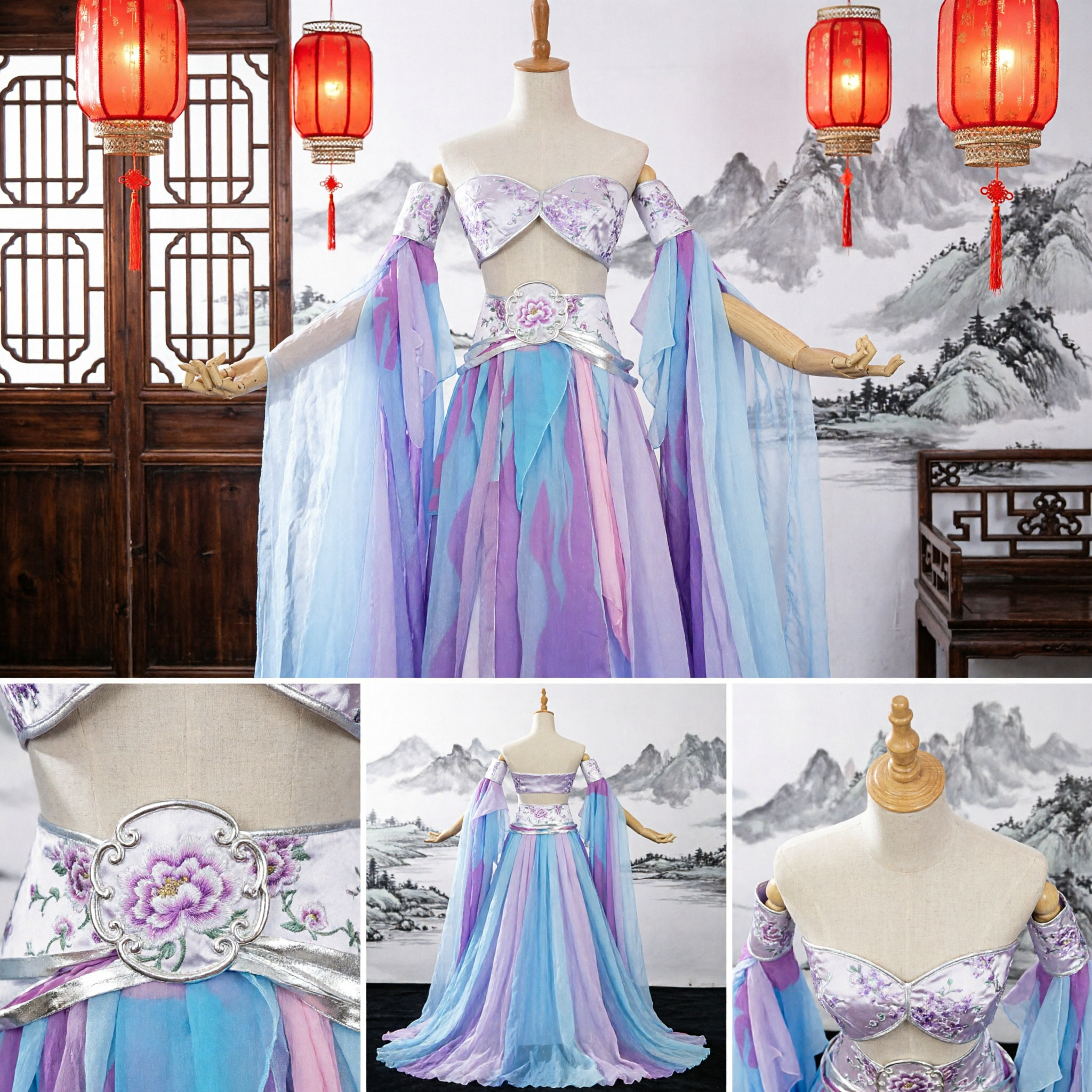 Chinees traditioneel Hanfu oud fee kostuum paars blauw pastel jurk voor vrouwen podiumoptreden cosplay - Asian Costume