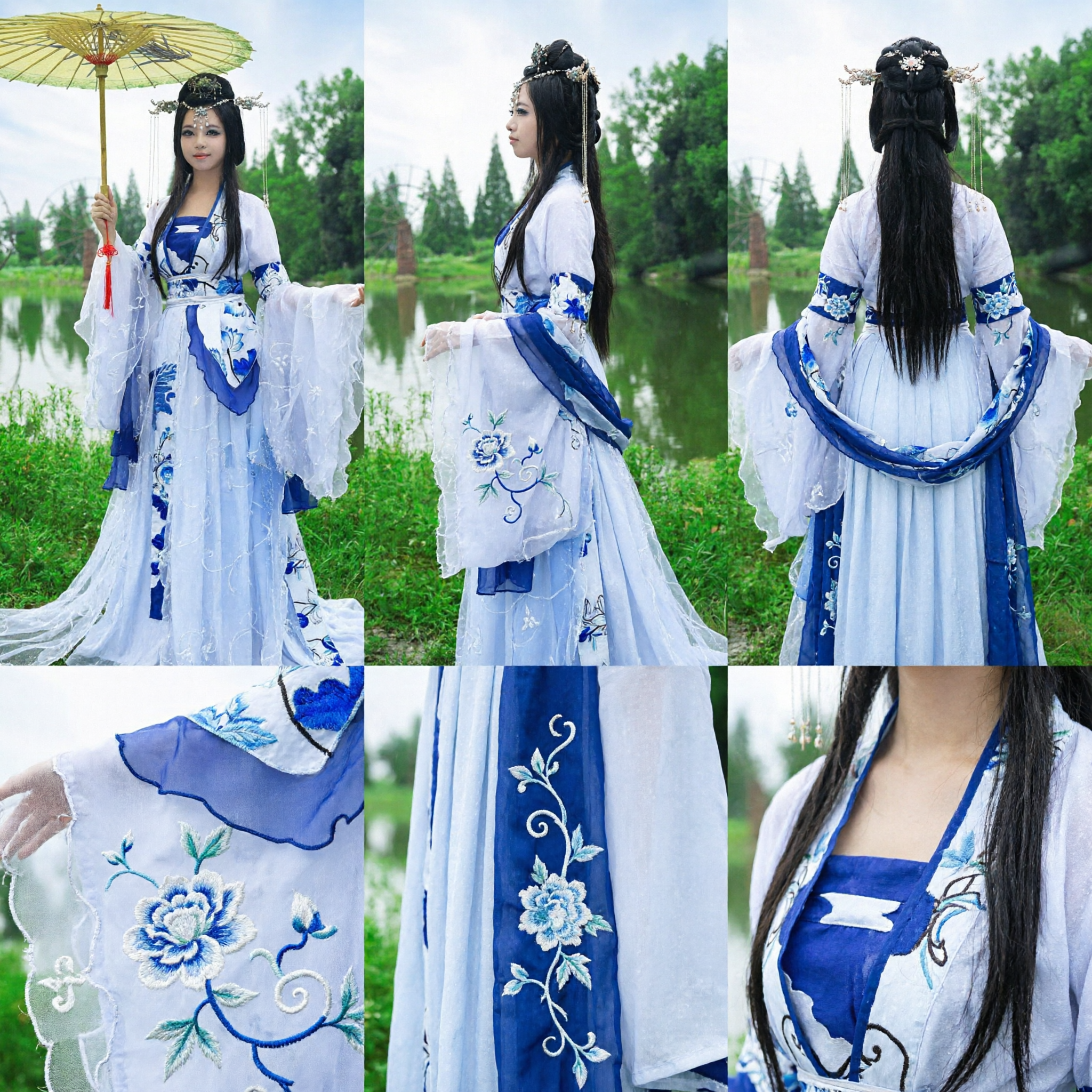Vestido Hanfu Chino Tradicional, Traje Antiguo al Estilo de Porcelana Azul y Blanco de la Dinastía Tang - Asian Costume
