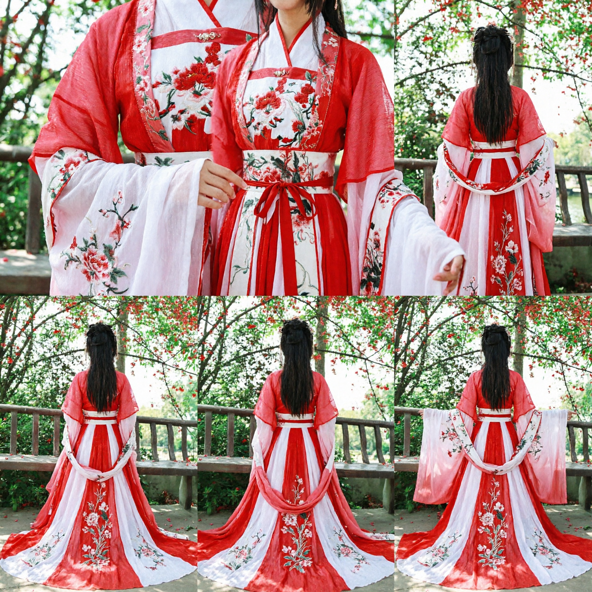 伝統的中国漢服 古代宮廷ドレス 赤フローラルワイドスリーブ衣装 女性用コスプレ - Asian Costume