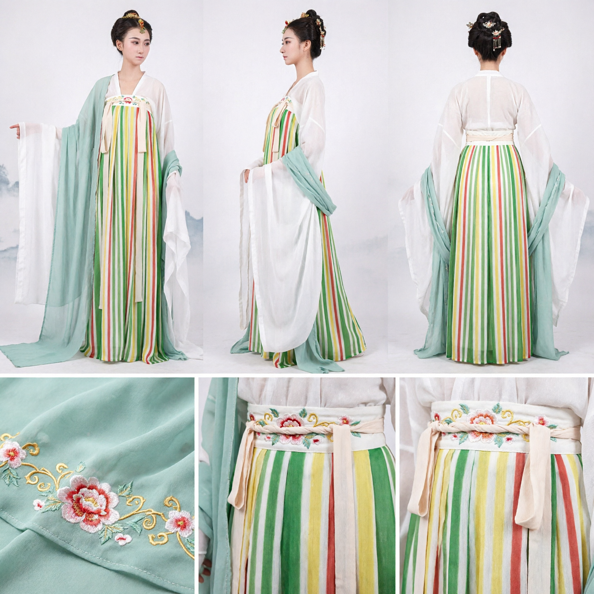 Ensemble Hanfu pour femmes Dynastie Tang, robe verte à manches larges avec jupe à rayures colorées, costume traditionnel - Asian Costume
