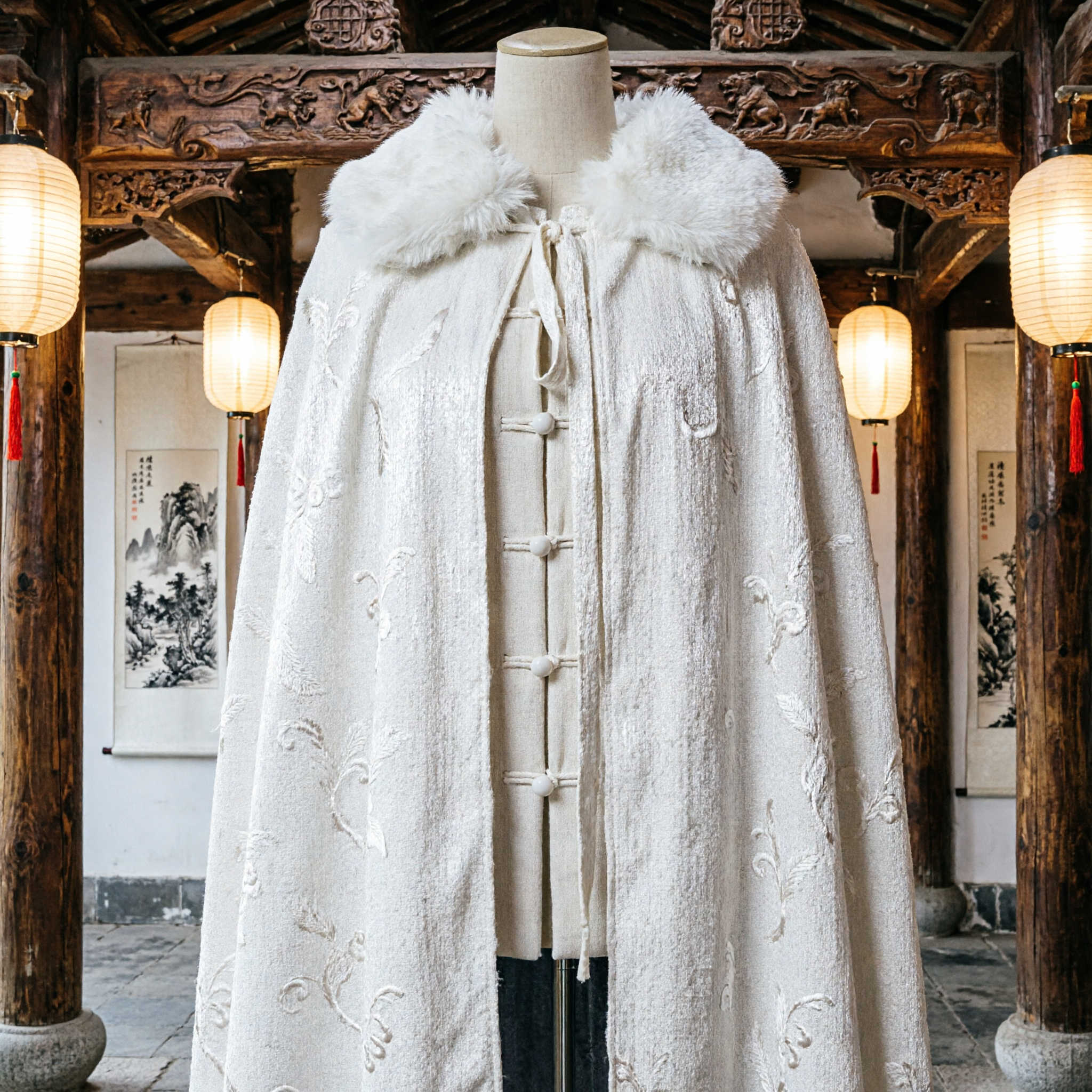 Elegante mantello con collo in pelliccia bianca, mantello invernale Hanfu tradizionale cinese, costume per donne, cosplay storico - Asian Costume