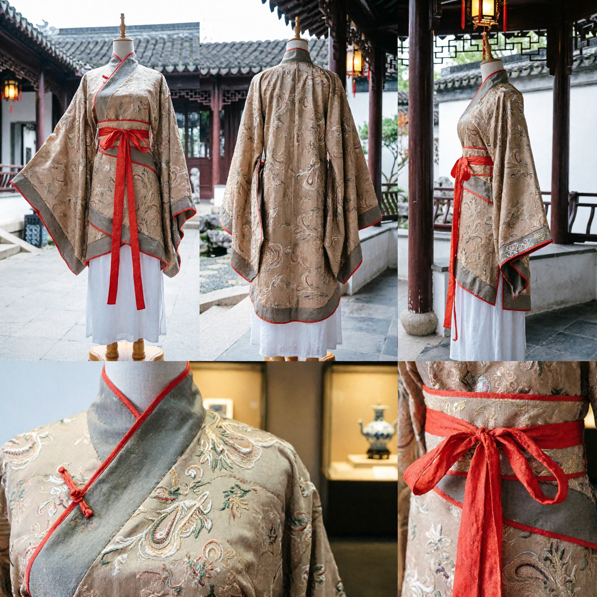 Traje Antigo Hanfu Chinês Tradicional Masculino Robe Padronizado Bege com Faixa Vermelha para Cosplay e Performance em Palco - Asian Costume