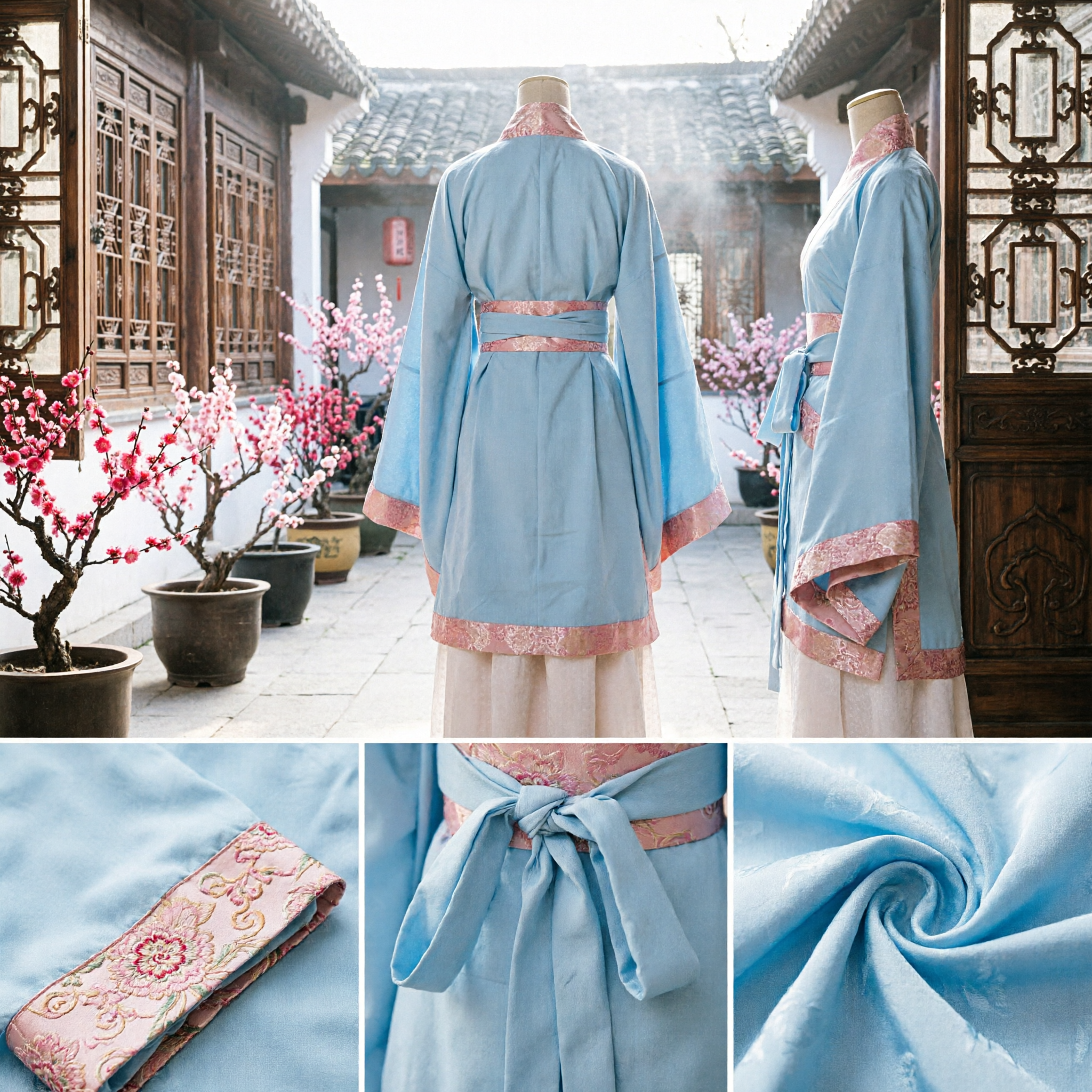 Traje Hanfu Chinês Tradicional para Homens Robe de Erudito Antigo Azul Claro com Ajuste Floral Rosa - Asian Costume