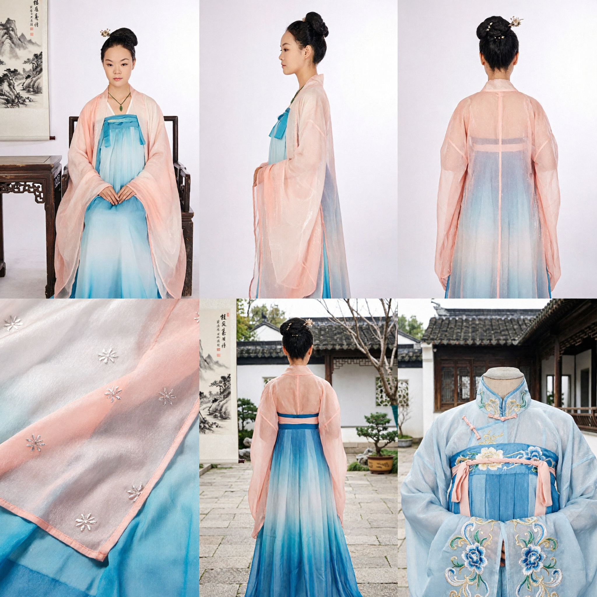 Traje Hanfu Chinês Tradicional para Mulheres Vestido de Dama do Palácio Antigo Azul Degradê com Robe Translúcido Rosa - Asian Costume