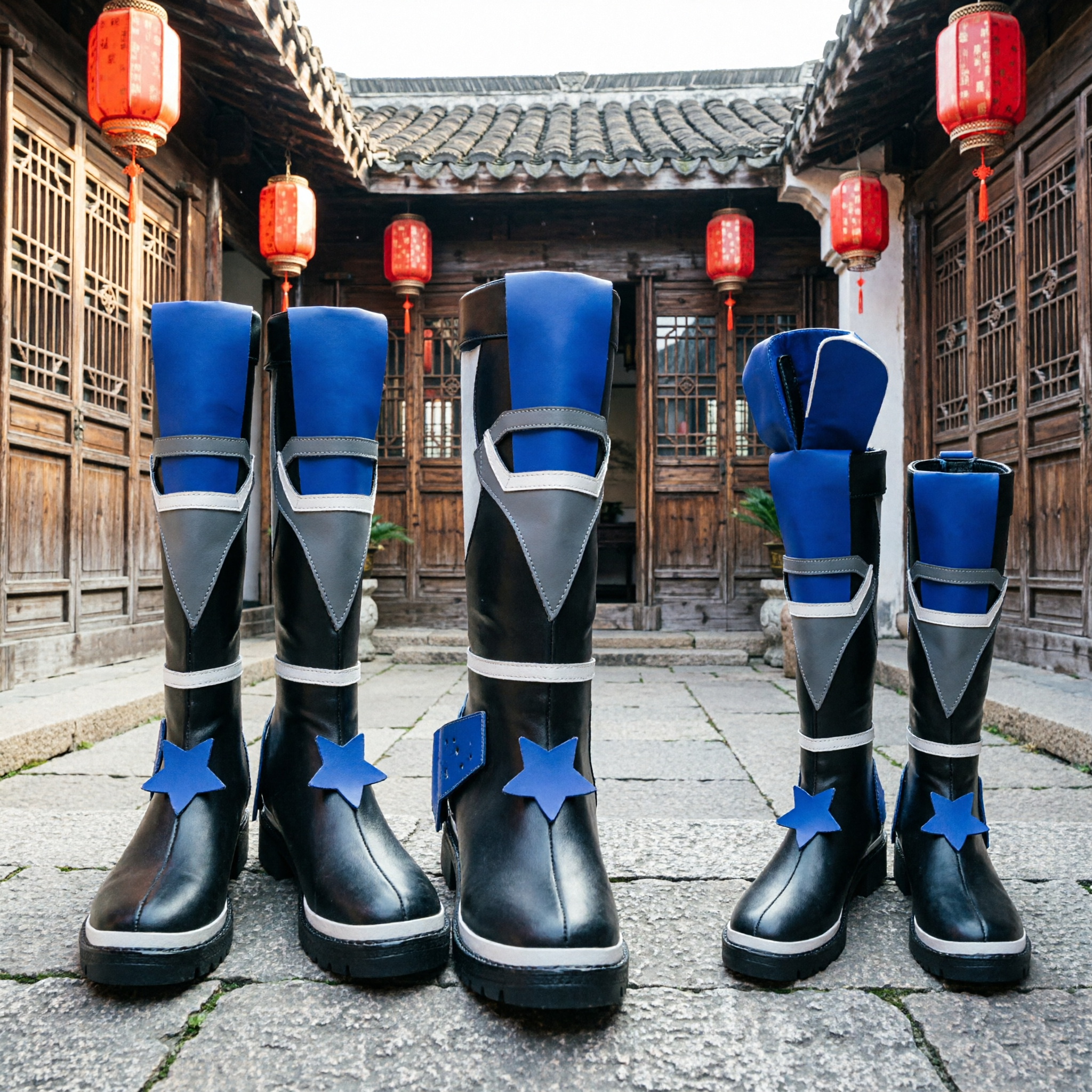 Bottes de cosplay bleues, noires et grises montant jusqu'au genou, chaussures de costume de personnage d'anime pour fêtes d'Halloween et événements - Asian Costume