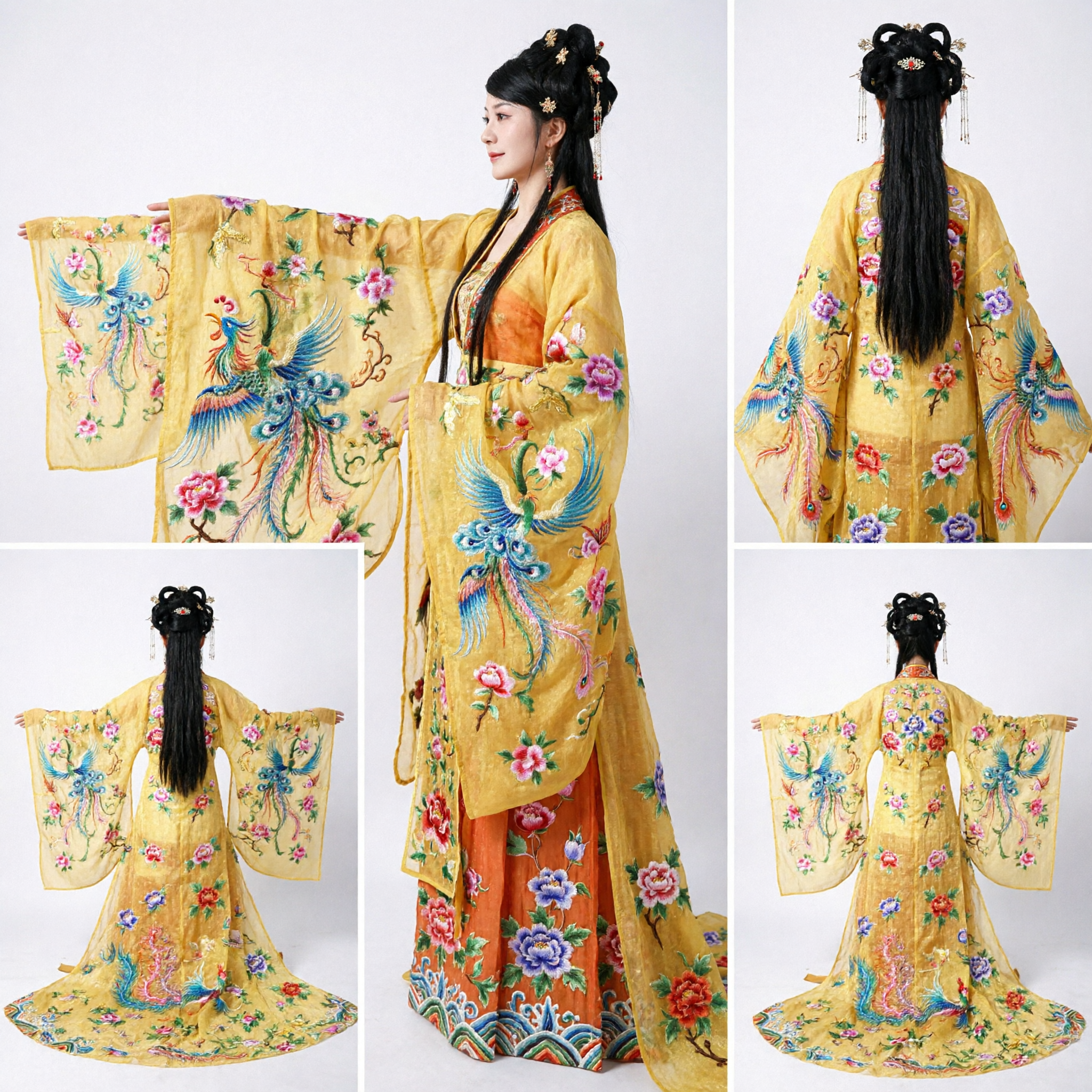 Traditionelles chinesisches Tang-Dynastie Prinzessin Hanfu gelb besticktes Phönix-Robe für Frauen Bühnenauftritt - Asian Costume