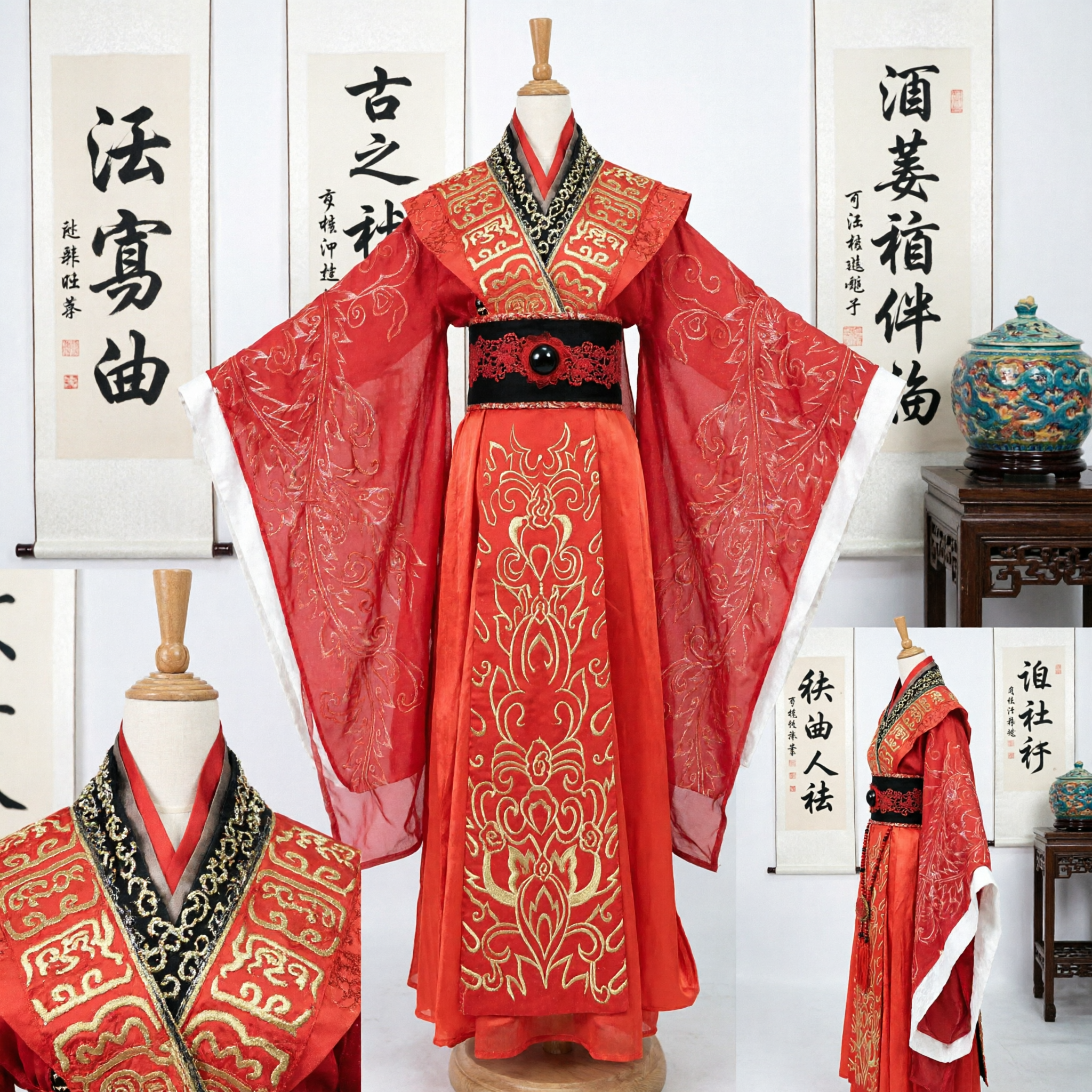 Hanfu Tradicional Chino, Traje de Príncipe Antiguo Rojo, Túnica de Manga Ancha con Bordado Dorado para Hombres - Asian Costume