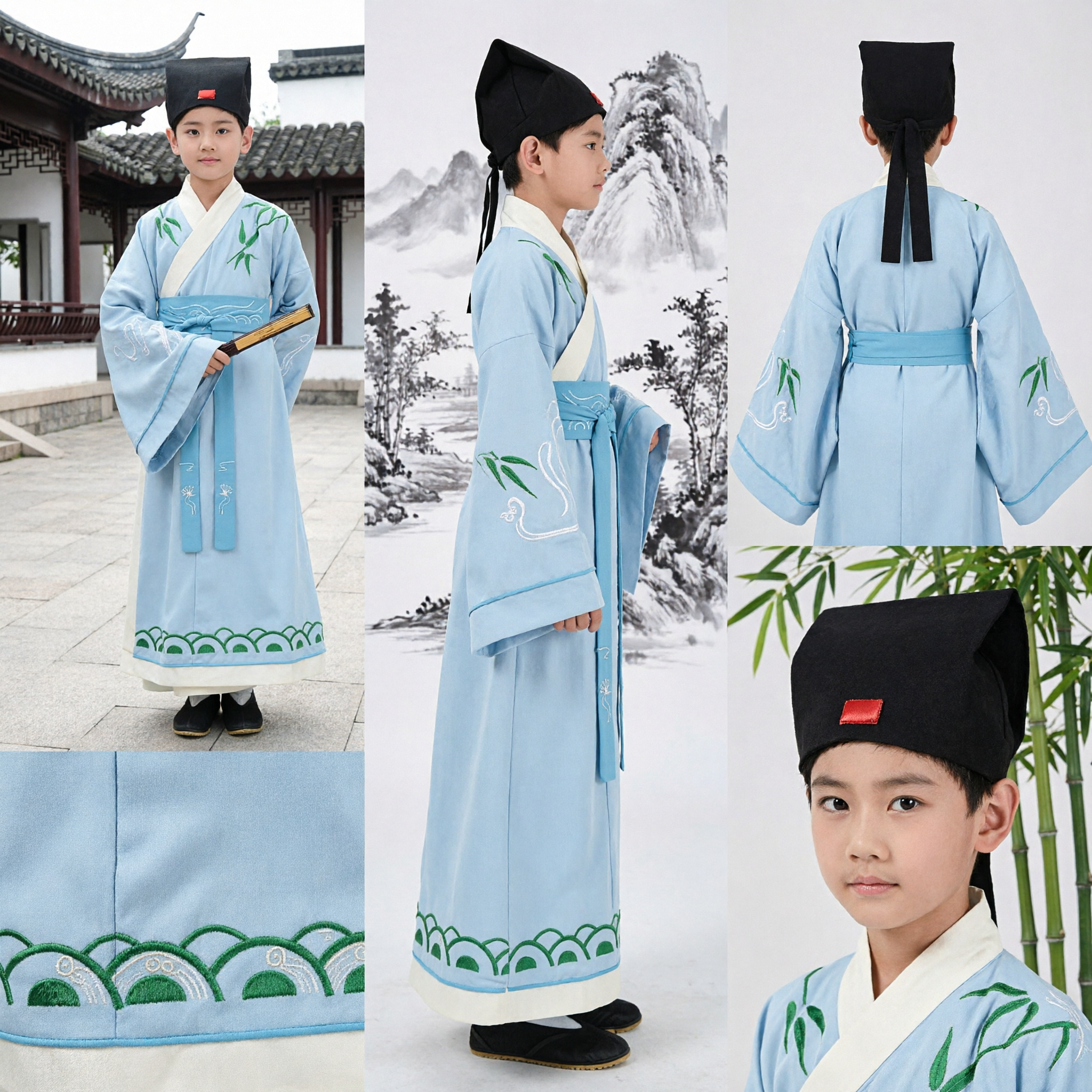 Traje de Erudito Antigo Hanfu Tradicional Chinês para Meninos Robe Azul Claro com Bordado de Bambu para Performance em Palco - Asian Costume