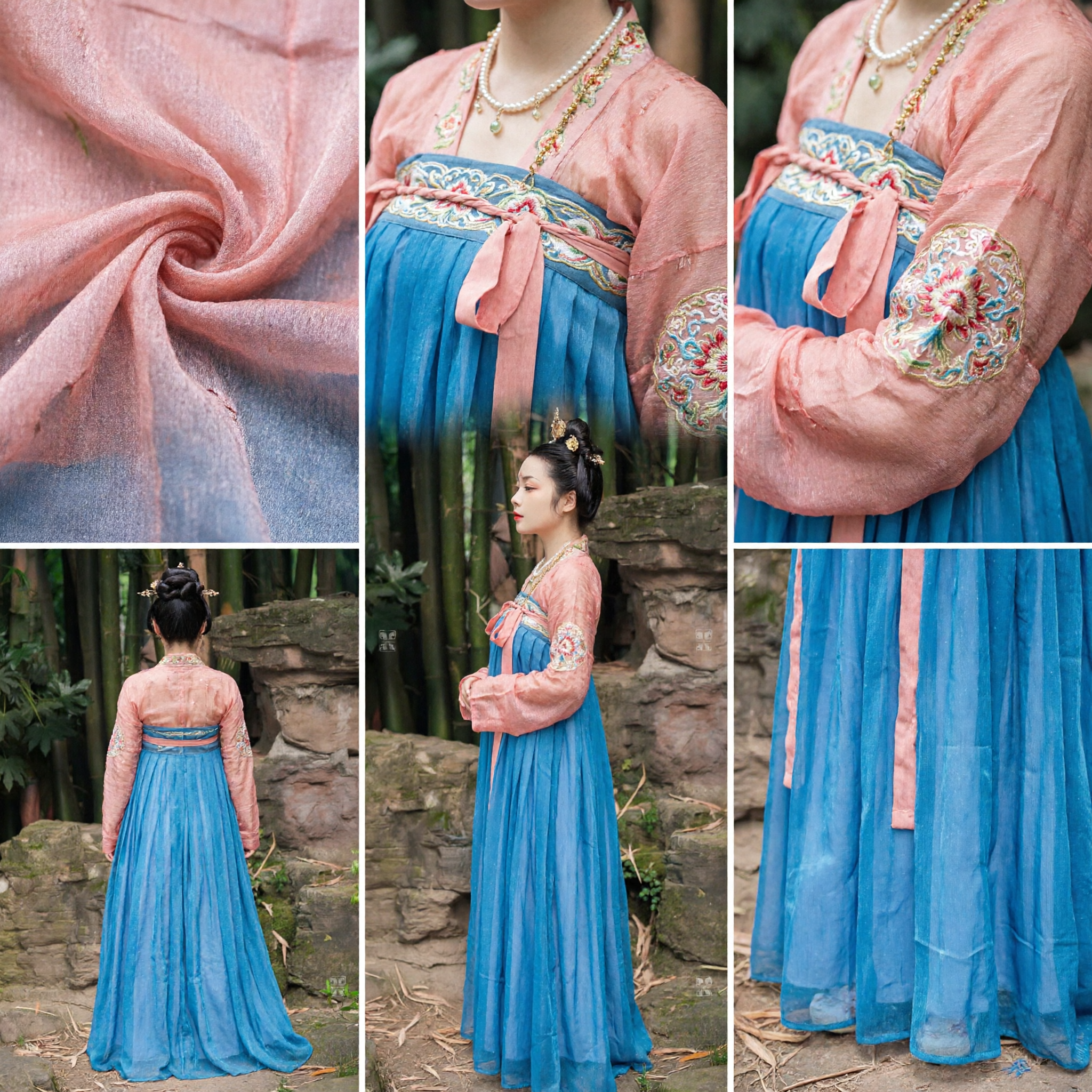 Chinese Traditionele Hanfu Tang Dynastie Kostuum Oude Prinsessenjurk Roze Top Blauwe Rokset voor Vrouwen - Asian Costume