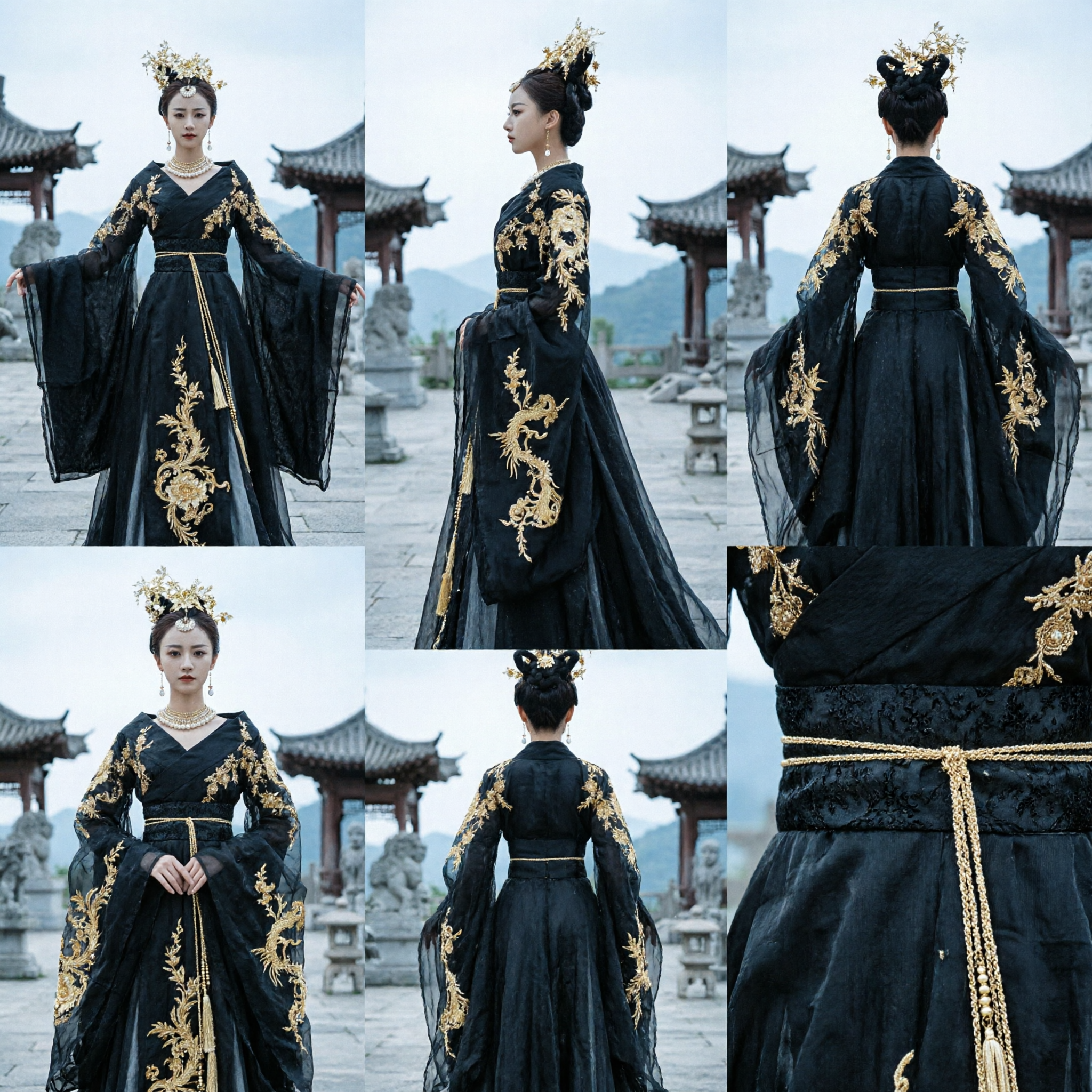 Elegantes schwarzes antikes chinesisches Hanfu-Kostüm mit Goldstickerei für Frauen Kaiserin Cosplay-Kleid - Asian Costume