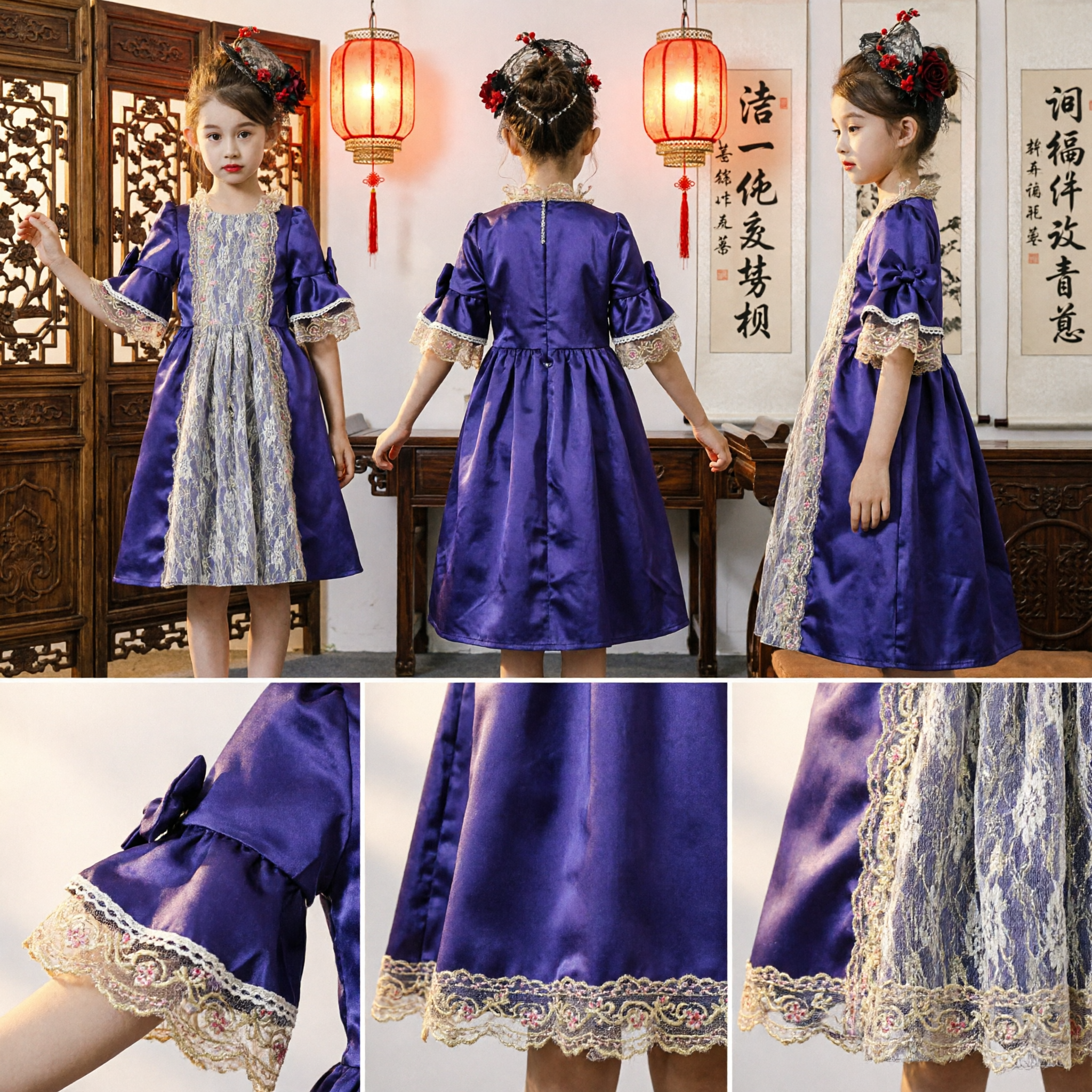Robe de Princesse de Cour Renaissance Violette Style Européen en Dentelle et Satin Costume pour Filles Fêtes d'Enfants - Asian Costume