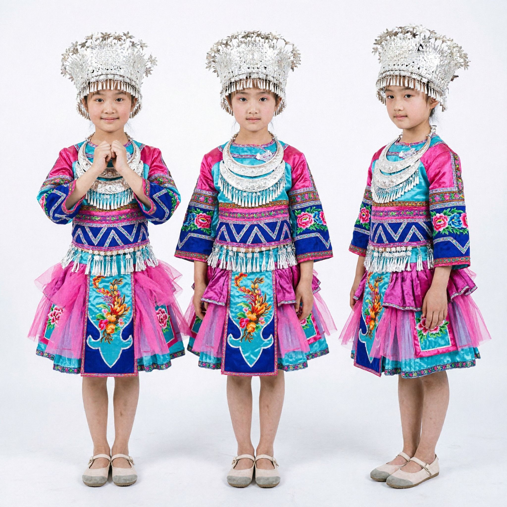 Kids Girls Traditional Chinese Miao Ethnic Minority Folk Dance Costume Pink Blue Silver Headdress Stage Performance Outfit - Asian Costume
