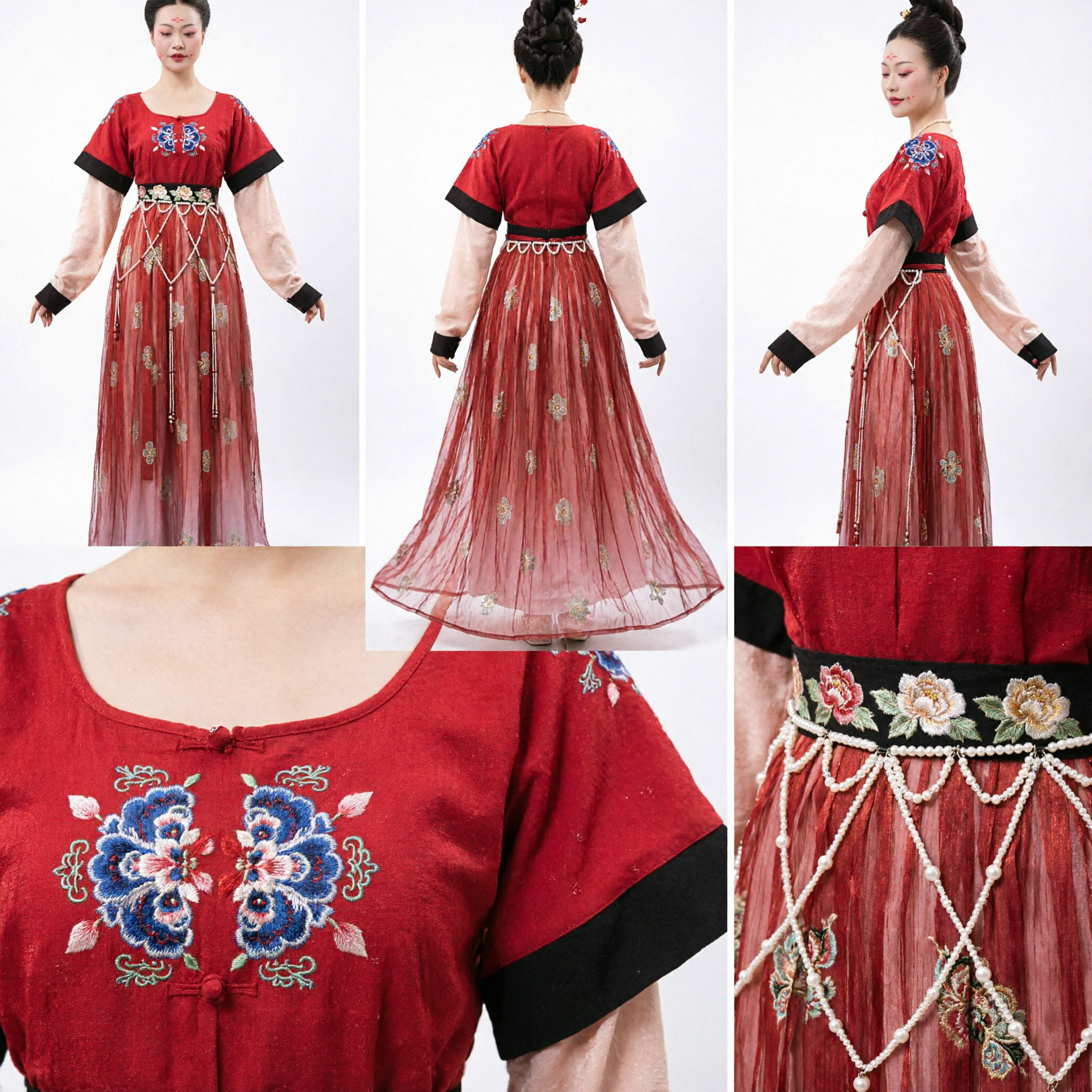 Tradycyjny Chiński Kostium Hanfu z Dynastii Tang Czerwona Hafciana Suknia Damy Dworskiej dla Kobiet na Występy Taneczne - Asian Costume