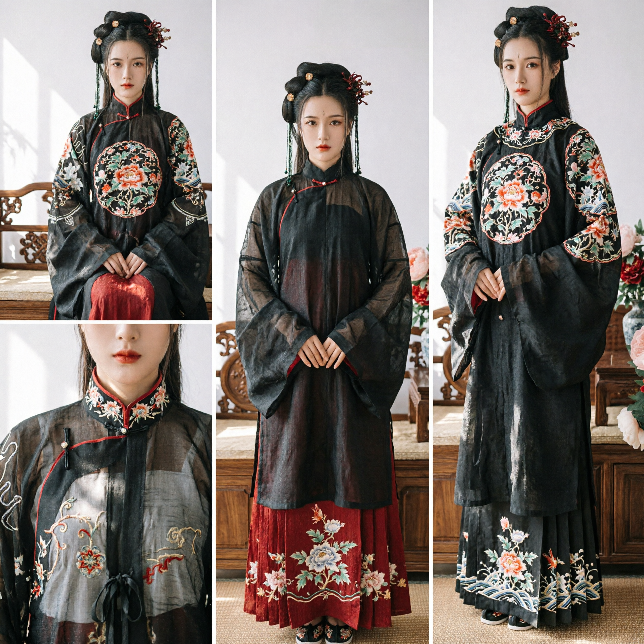 Tradycyjny Chiński Kostium Hanfu dla Kobiet Czarna Prześwitująca Szata Czerwona Hafciana Spódnica Starożytny Zestaw Odzieży - Asian Costume