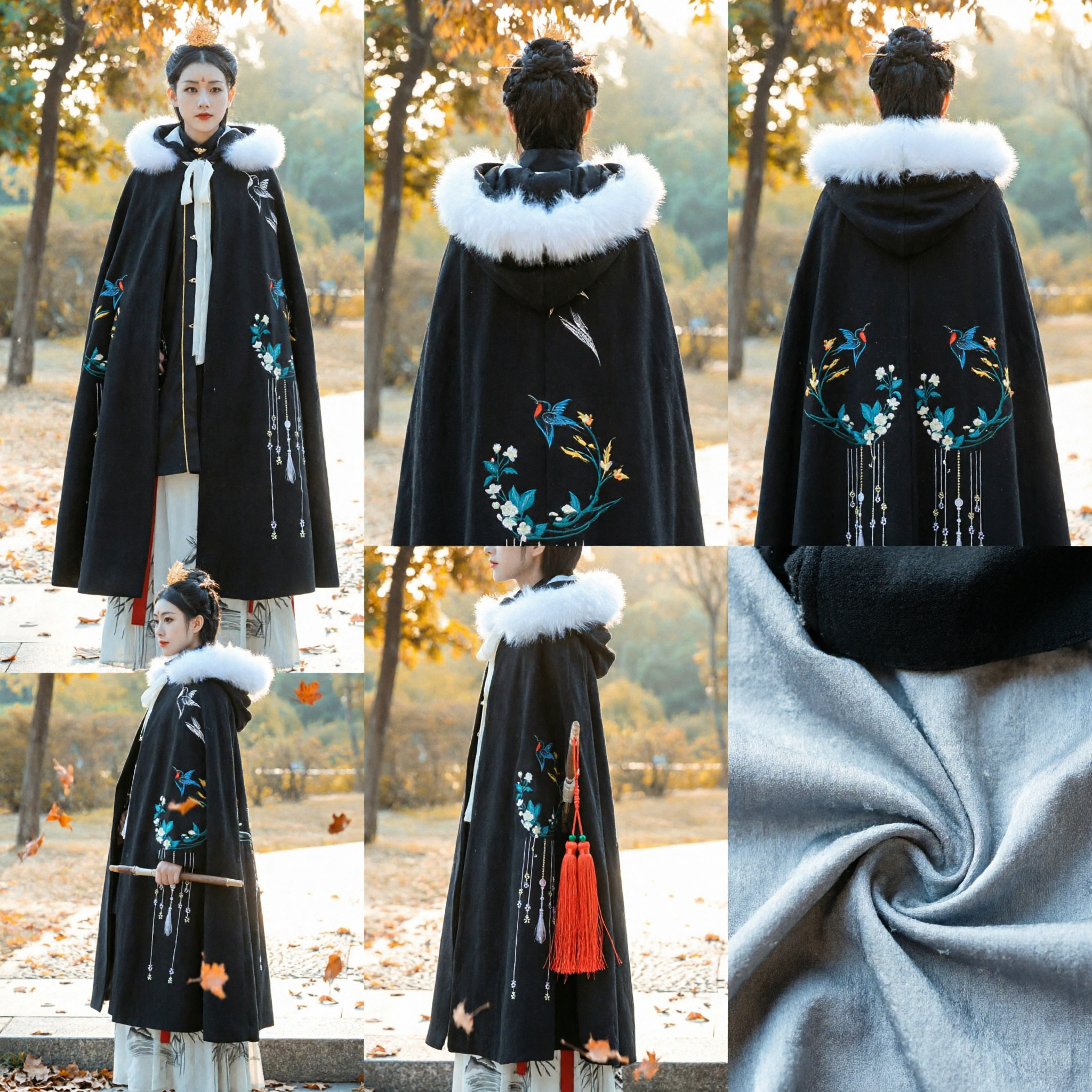 Manto de Inverno Tradicional Chinês Hanfu Capa Preta Bordada com Gola de Pele Branca Traje Antigo para Mulheres - Asian Costume