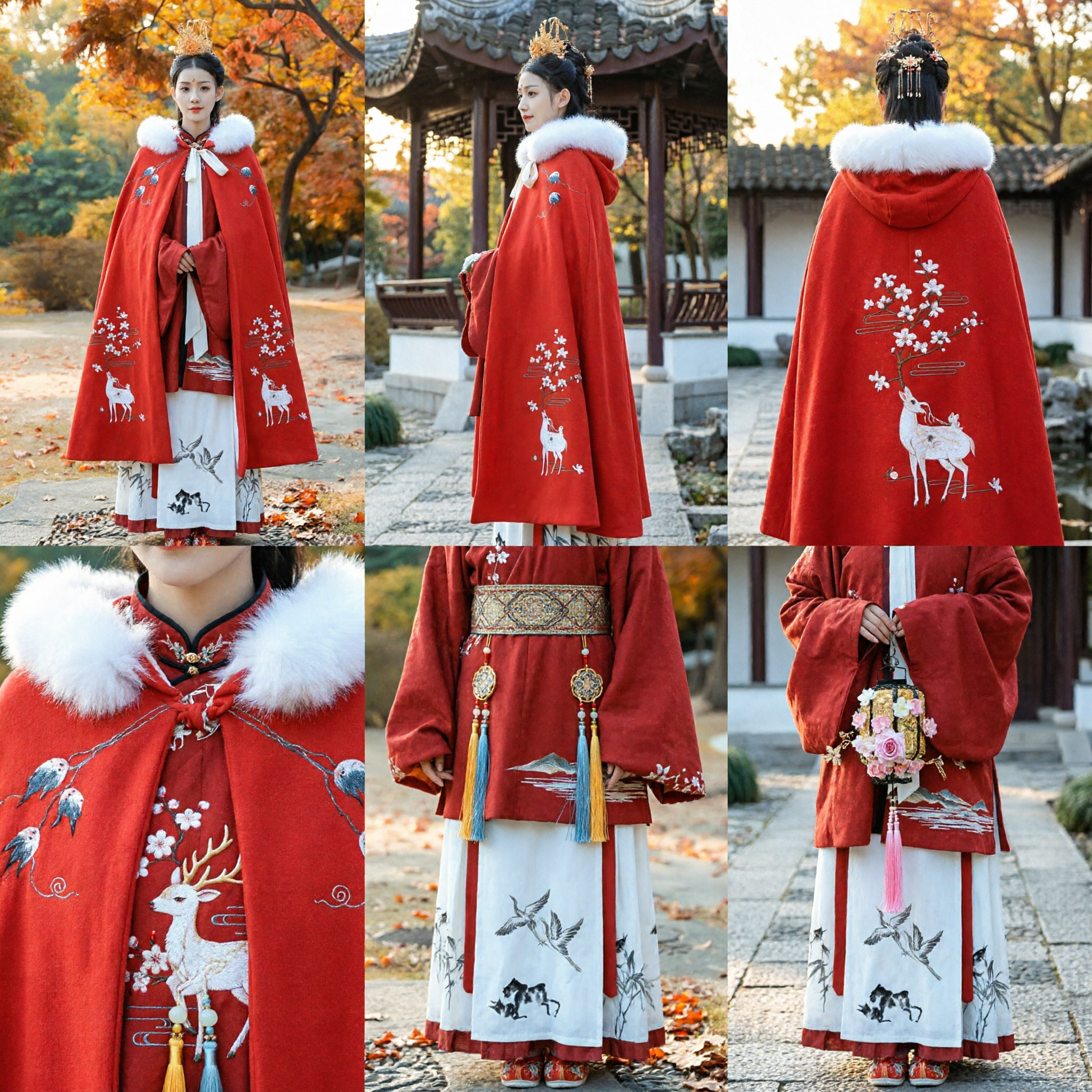 Traditional Chinese Hanfu Red Cape Cloak with White Fur Collar Embroidered Deer Ancient Costume for Women - Asian Costume